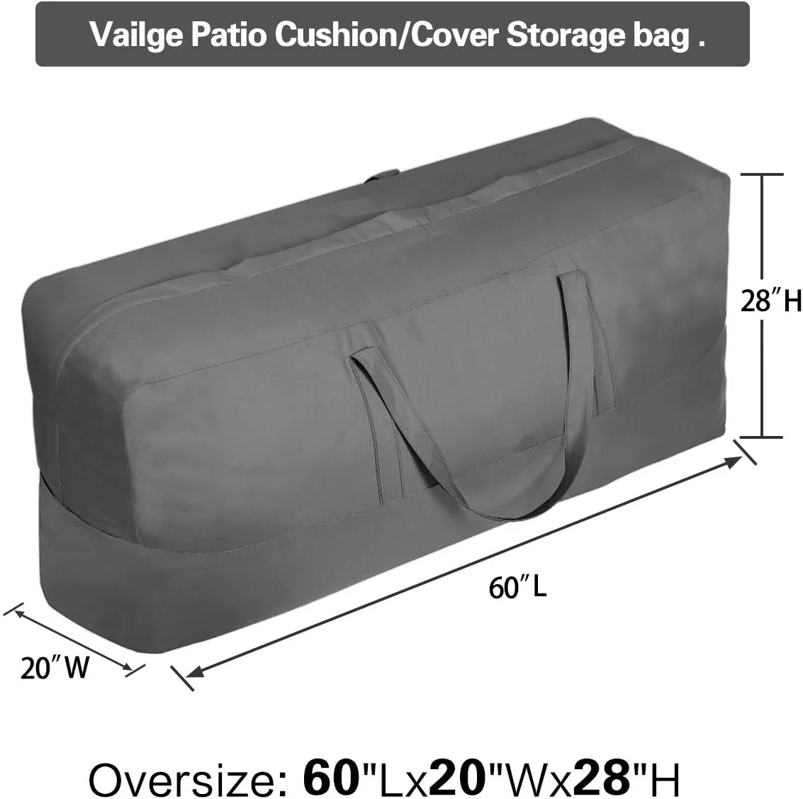 Vailge Storage Bag, 60Lx20Wx28H, Grey, Synthetic Fabric with Waterproof Coating, Zipper, Outdoor Furniture Cushion and Cover Storage Protection, 50 pounds Load Capacity