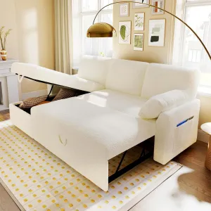 VanAcc Sleeper Sofa, Sofa Bed- 2 in 1 Pull Out Couch Bed with Storage Chaise for Living Room, White Sherpa Couch