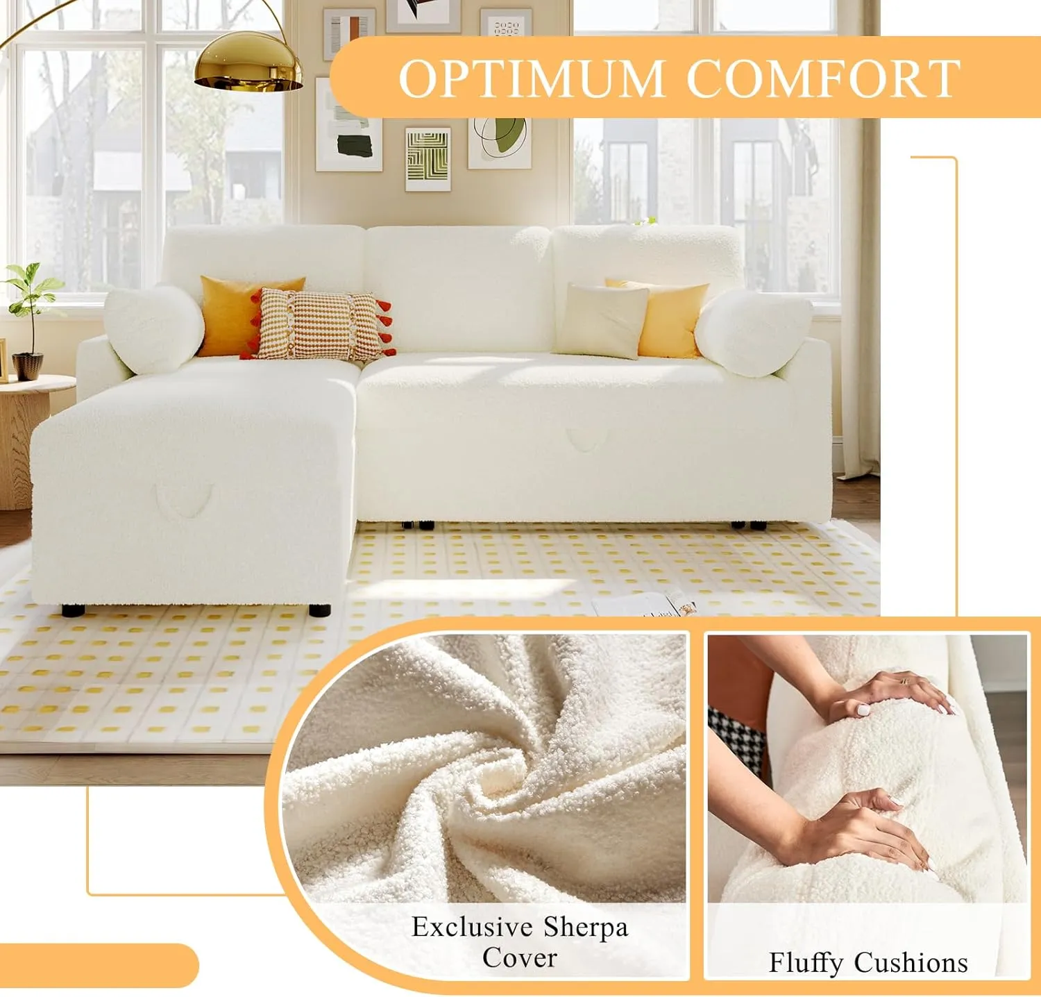 VanAcc Sleeper Sofa, Sofa Bed- 2 in 1 Pull Out Couch Bed with Storage Chaise for Living Room, White Sherpa Couch