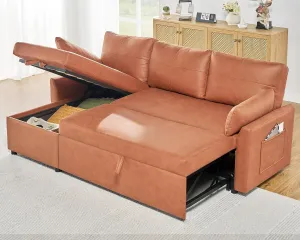 VanAcc Sleeper Sofa, Sofa Bed- 2 in 1 Pull Out Couch Bed with Storage Chaise, Sofa Sleeper Couch for Living Room, Brown Leathaire Sofa
