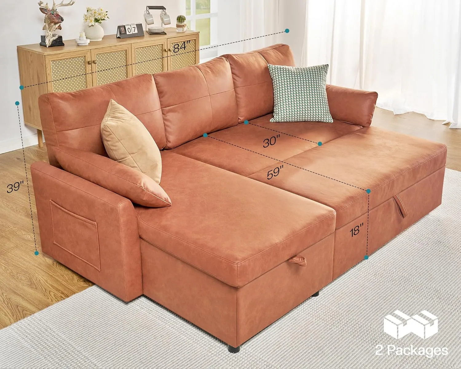 VanAcc Sleeper Sofa, Sofa Bed- 2 in 1 Pull Out Couch Bed with Storage Chaise, Sofa Sleeper Couch for Living Room, Brown Leathaire Sofa