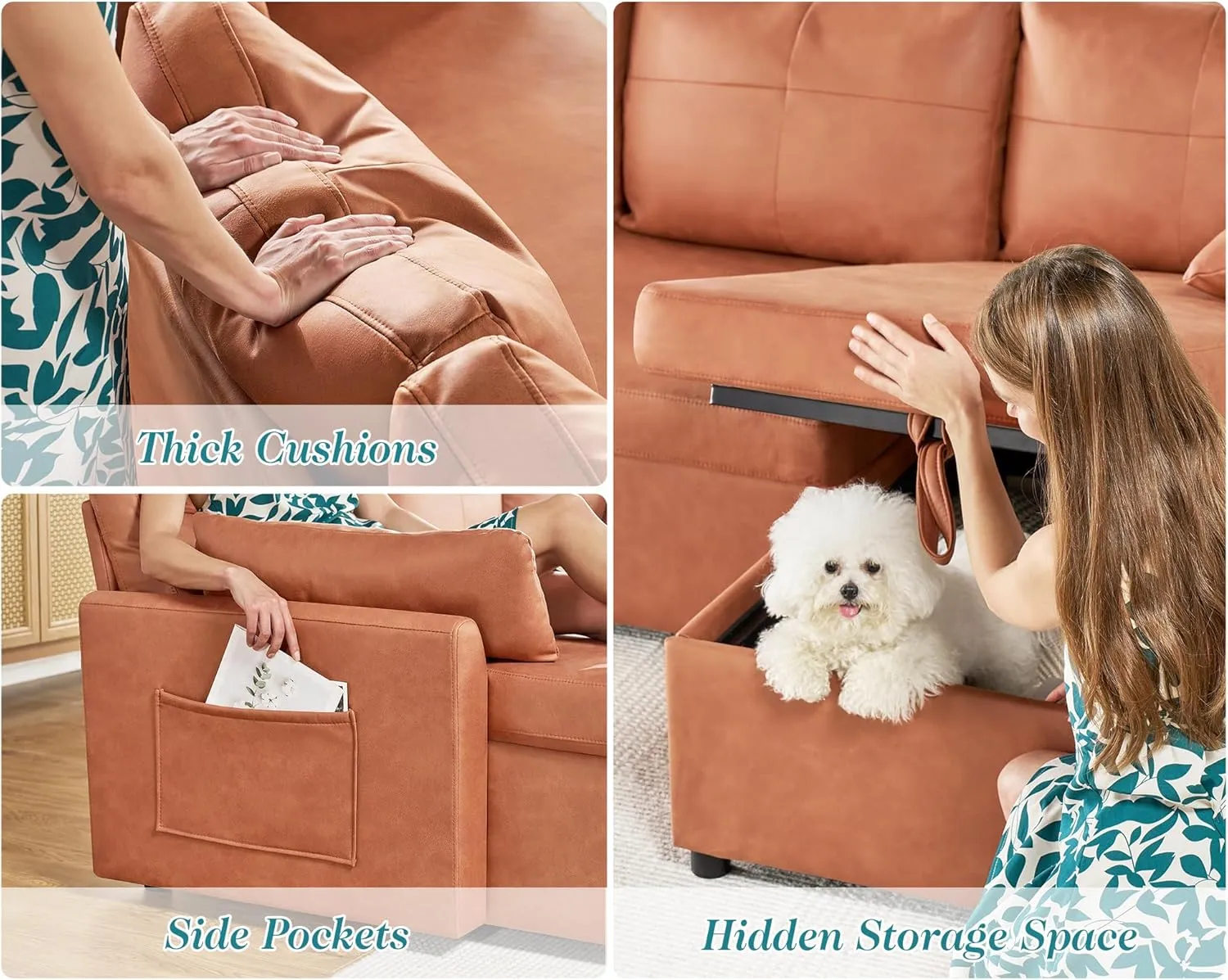VanAcc Sleeper Sofa, Sofa Bed- 2 in 1 Pull Out Couch Bed with Storage Chaise, Sofa Sleeper Couch for Living Room, Brown Leathaire Sofa