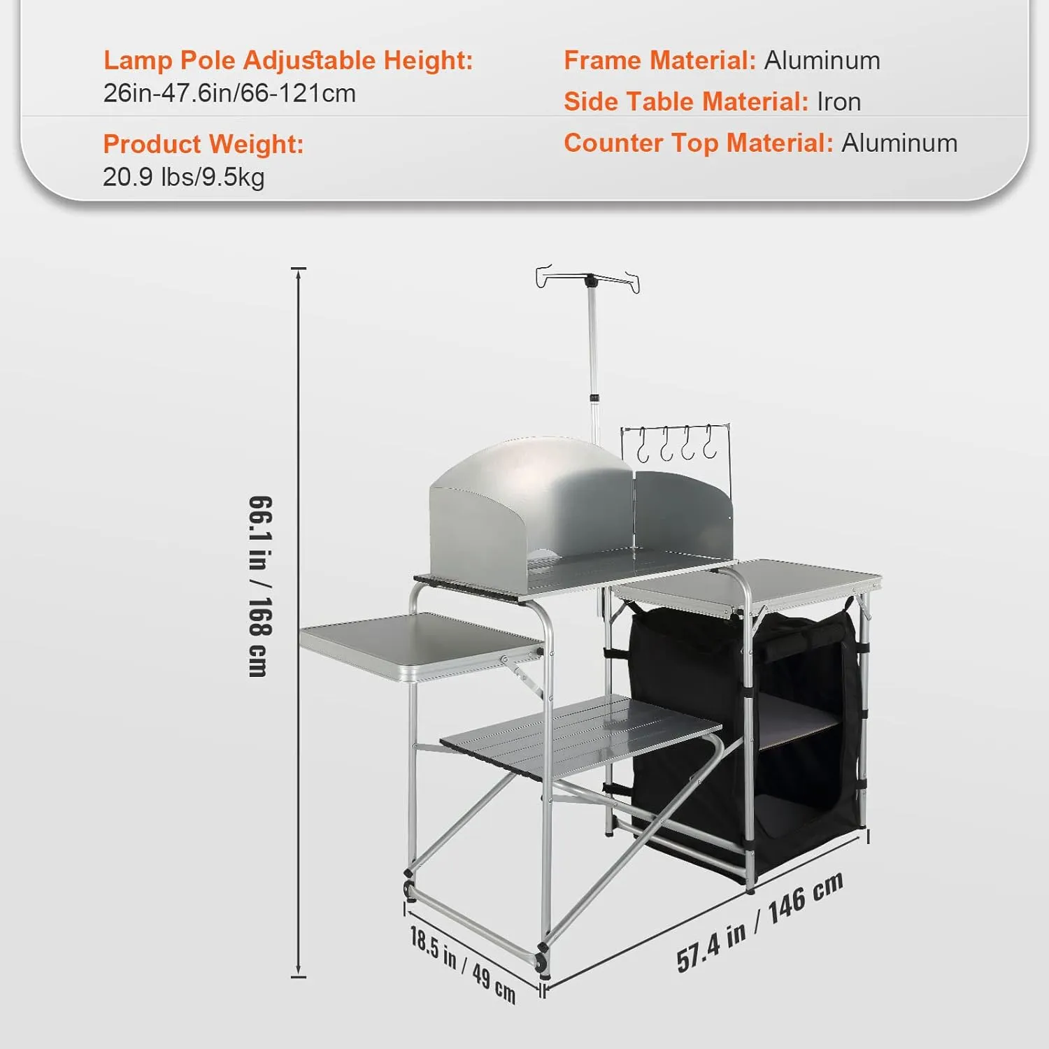 VEVOR Camping Kitchen Table, Aluminum Portable Folding Camp Cook Station with Windscreen, Cupboard, Storage Organizer, Carrying Bag, Quick Installation for Outdoor Picnic Beach BBQ RV Traveling, Black