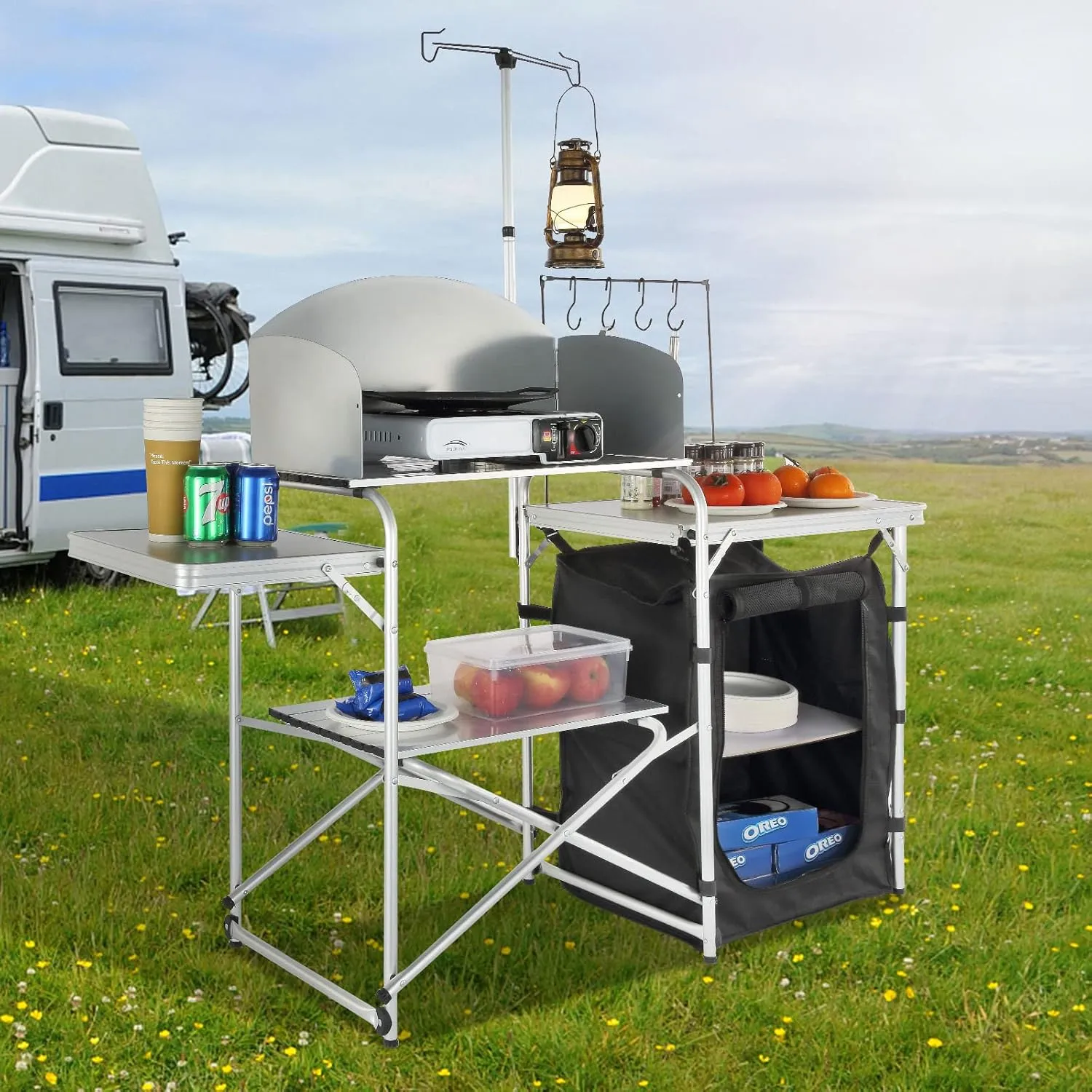 VEVOR Camping Kitchen Table, Aluminum Portable Folding Camp Cook Station with Windscreen, Cupboard, Storage Organizer, Carrying Bag, Quick Installation for Outdoor Picnic Beach BBQ RV Traveling, Black