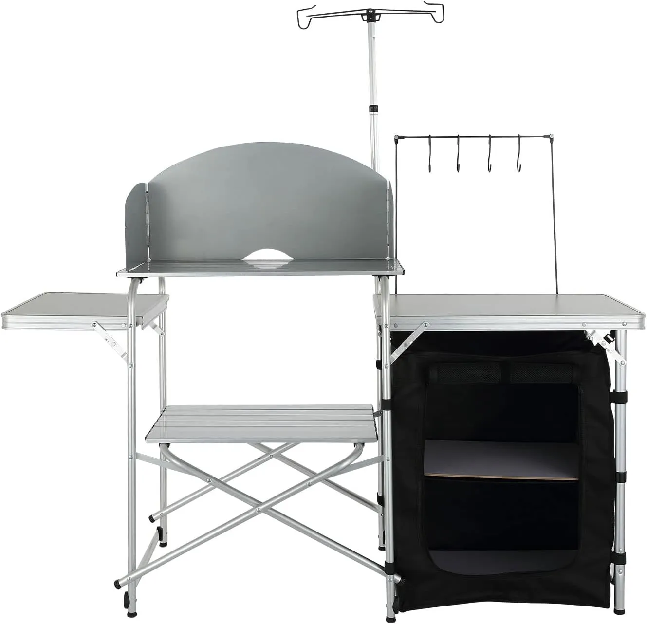 VEVOR Camping Kitchen Table, Aluminum Portable Folding Camp Cook Station with Windscreen, Cupboard, Storage Organizer, Carrying Bag, Quick Installation for Outdoor Picnic Beach BBQ RV Traveling, Black