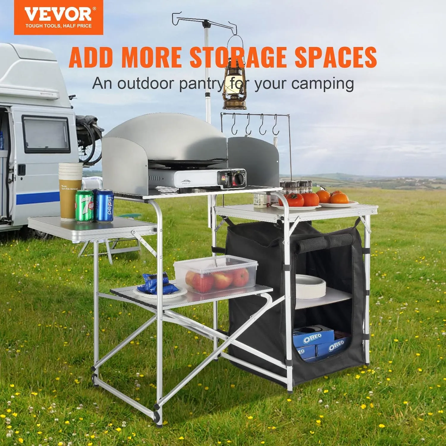 VEVOR Camping Kitchen Table, Aluminum Portable Folding Camp Cook Station with Windscreen, Cupboard, Storage Organizer, Carrying Bag, Quick Installation for Outdoor Picnic Beach BBQ RV Traveling, Black