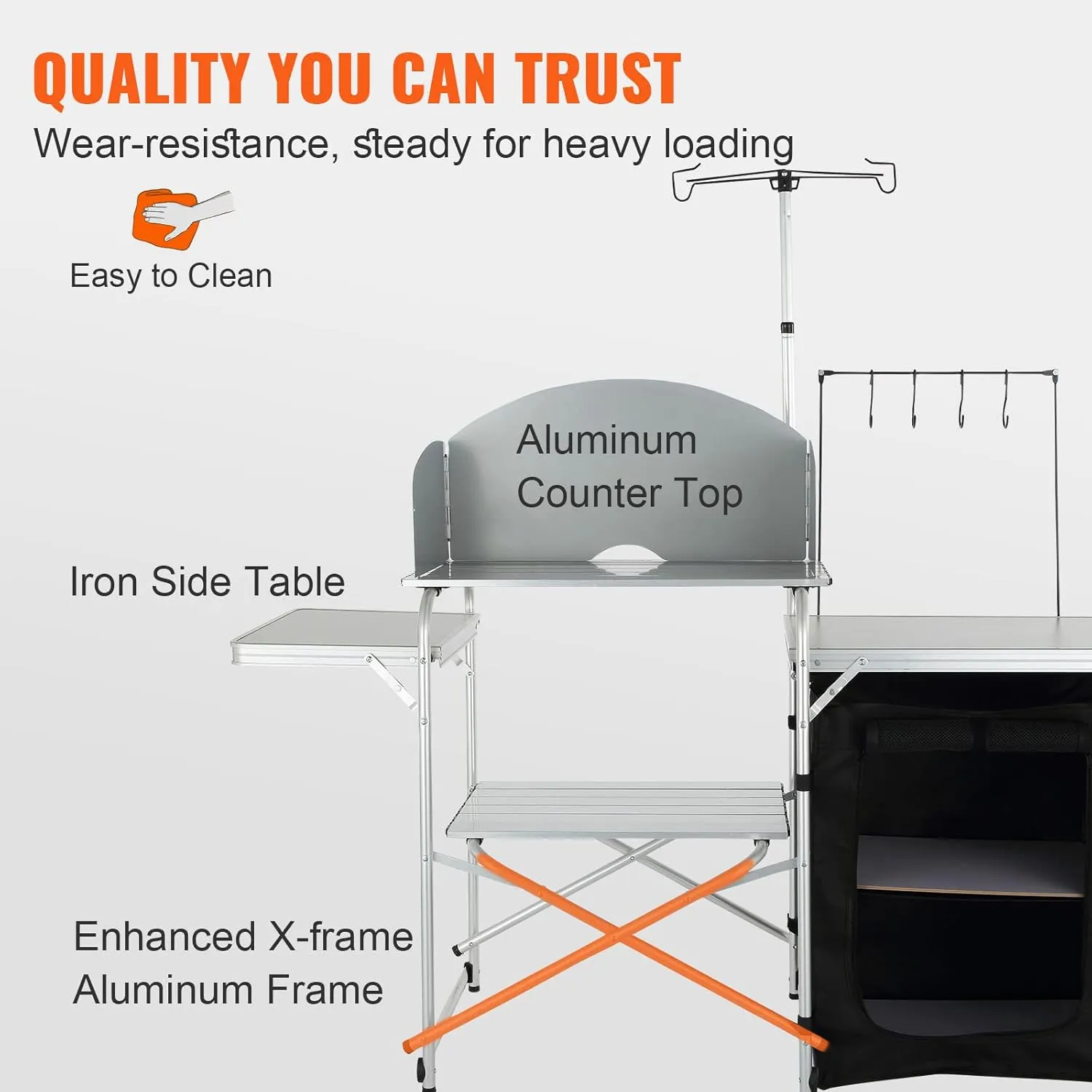 VEVOR Camping Kitchen Table, Aluminum Portable Folding Camp Cook Station with Windscreen, Cupboard, Storage Organizer, Carrying Bag, Quick Installation for Outdoor Picnic Beach BBQ RV Traveling, Black