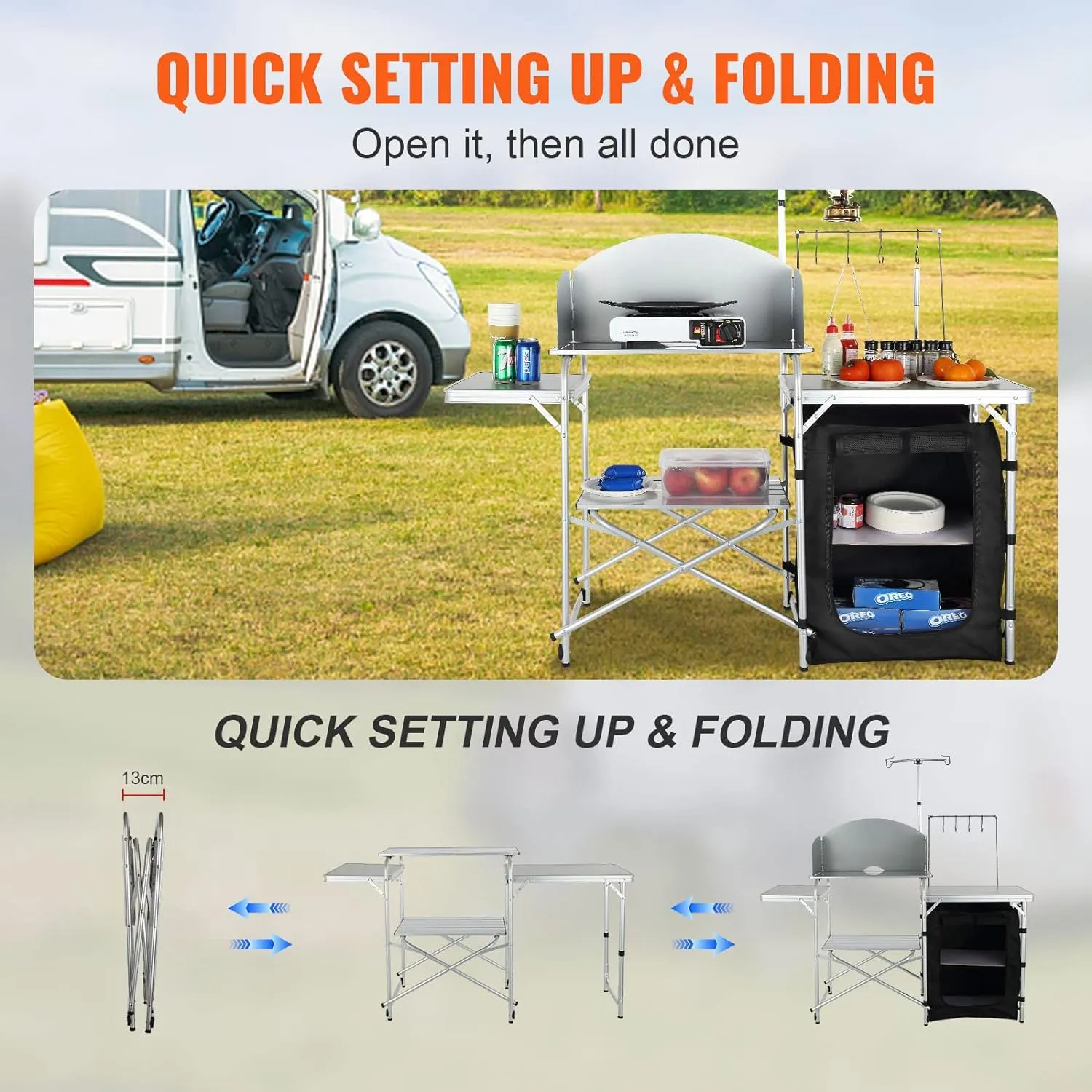 VEVOR Camping Kitchen Table, Aluminum Portable Folding Camp Cook Station with Windscreen, Cupboard, Storage Organizer, Carrying Bag, Quick Installation for Outdoor Picnic Beach BBQ RV Traveling, Black