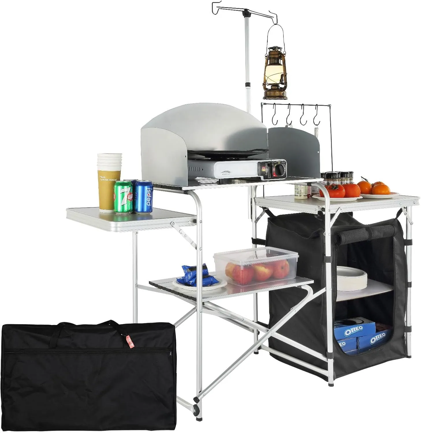 VEVOR Camping Kitchen Table, Aluminum Portable Folding Camp Cook Station with Windscreen, Cupboard, Storage Organizer, Carrying Bag, Quick Installation for Outdoor Picnic Beach BBQ RV Traveling, Black