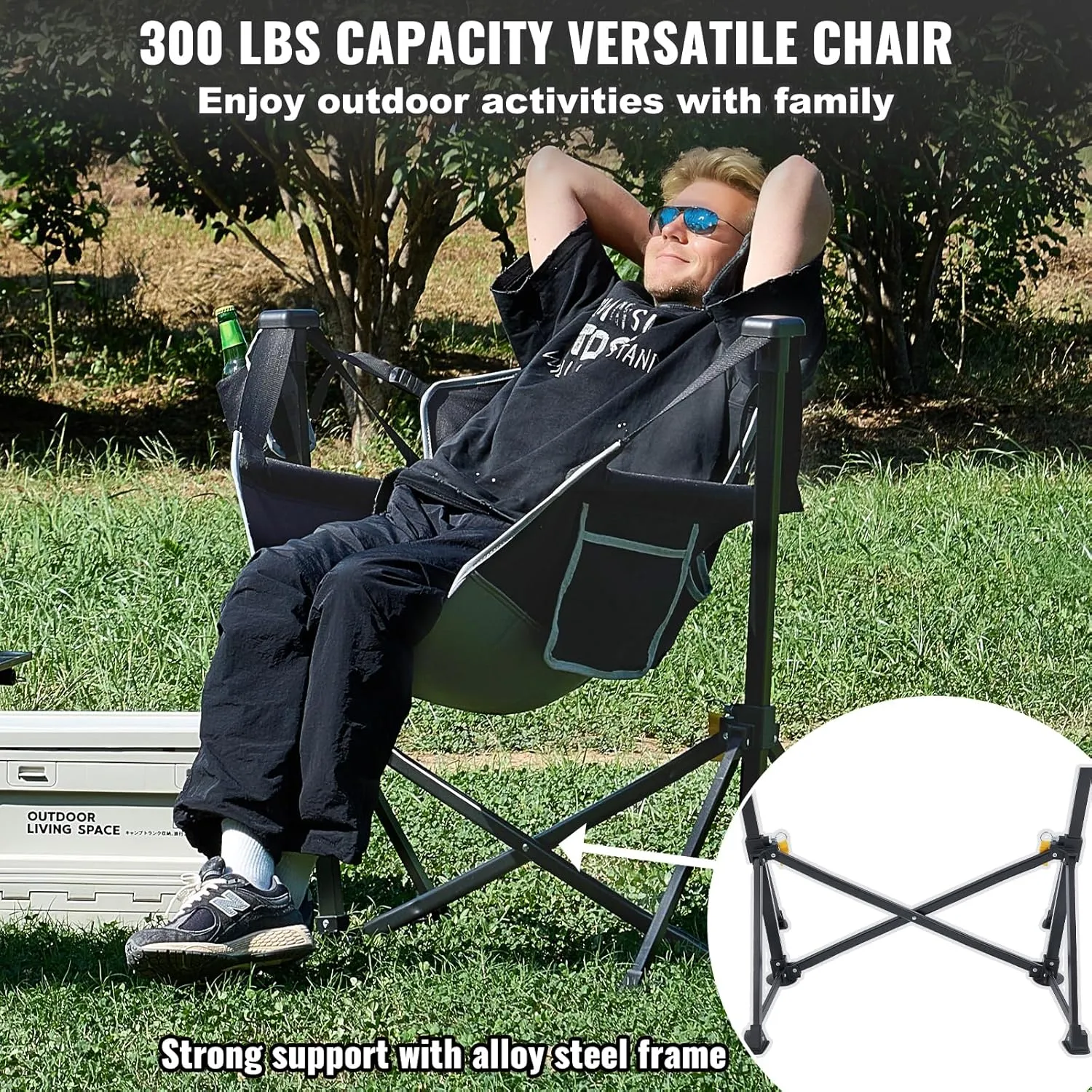 VEVOR Reclining Camping Chair, 300 lbs Load Camping Hammock Chair, Rocking Lounge Folding Chair with Cup Holder Storage Bag Headrest & Adjustable Backrest, for Camping and Other Outdoor Activities
