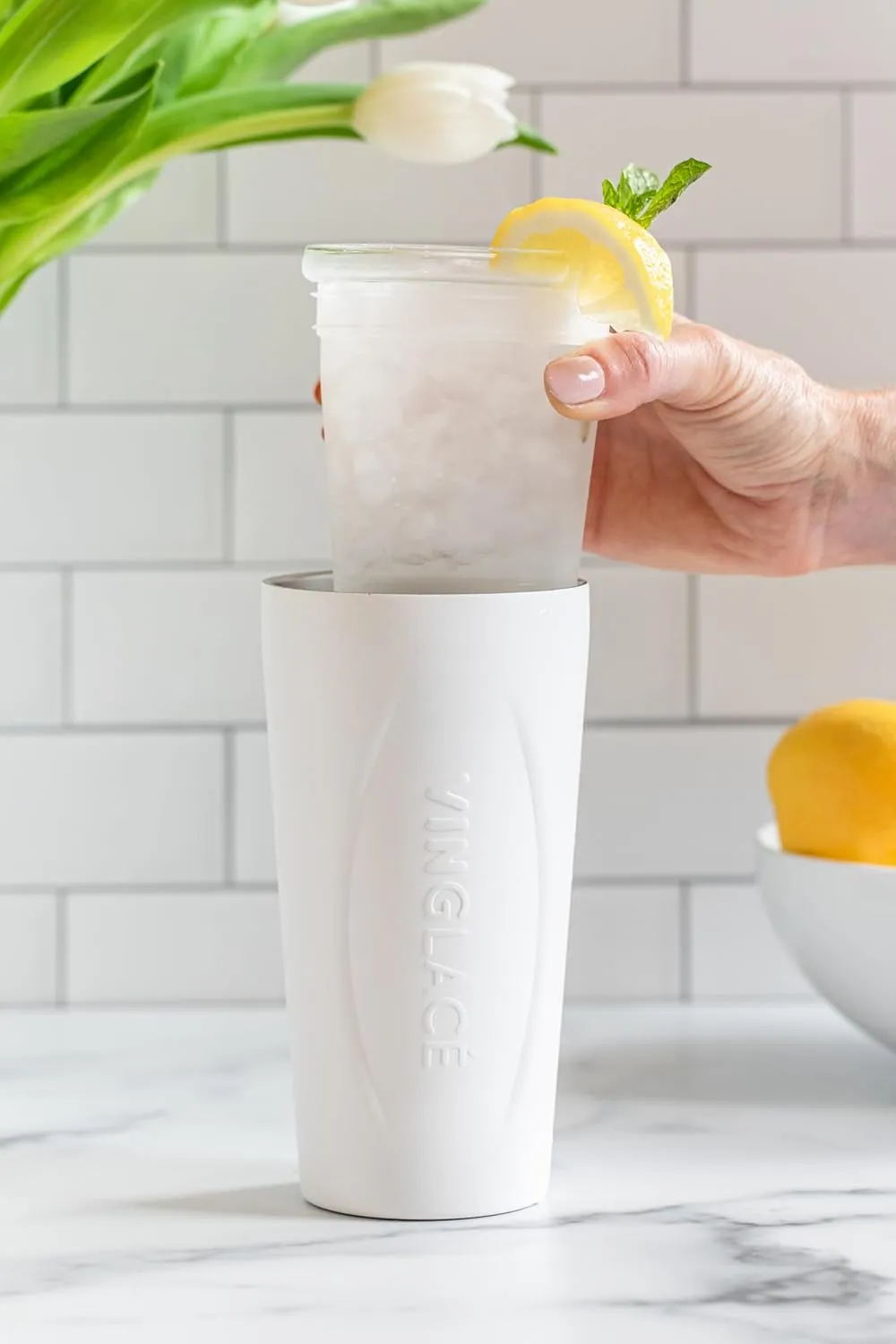 Vinglacé Stainless Steel Drink Tumbler- Insulated Hot and Cold Beverage Cup with Glass Insert and Lid, 14 oz (White)