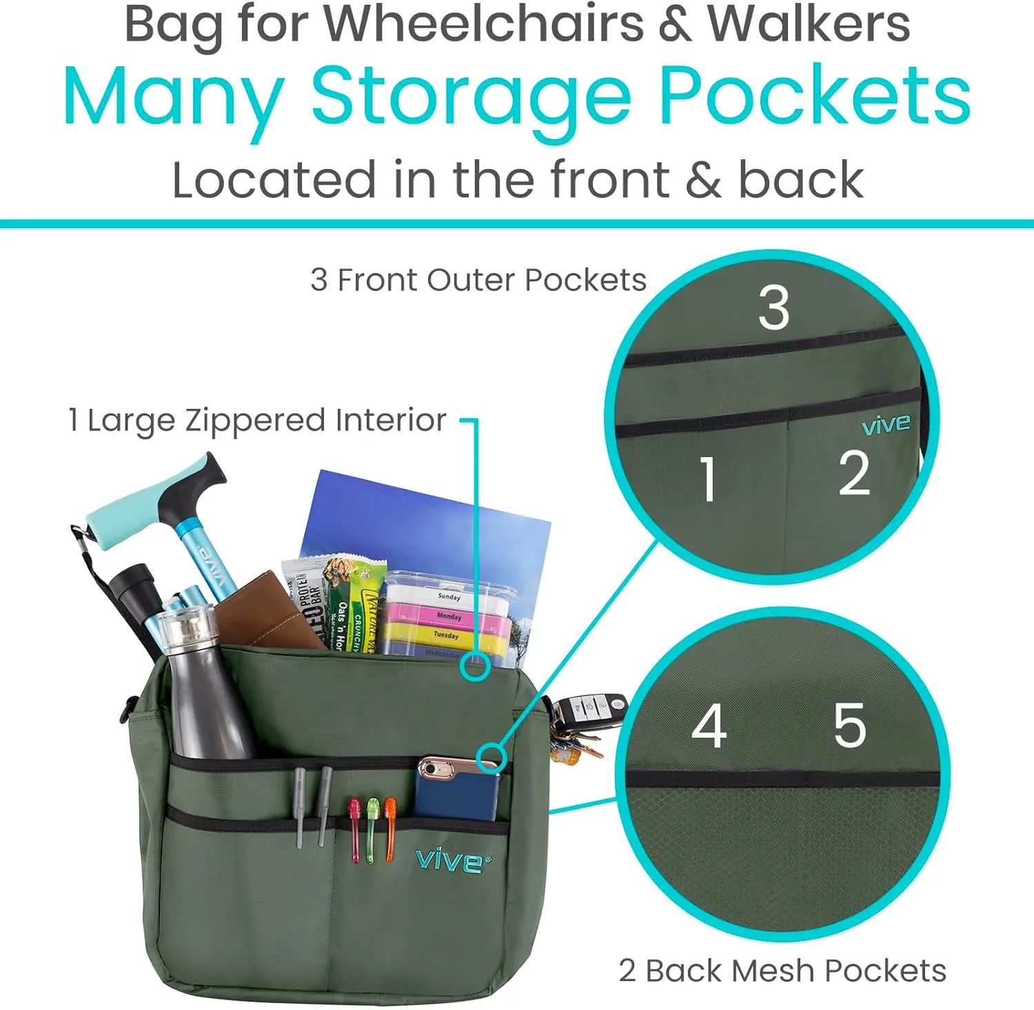 Vive Wheelchair Bag - Machine Washable, Double-Stitched, Water-Resistant Accessory Backpack for Rollators, Wheel Chairs, Walkers - Pouch with XL Pockets & Straps for Quick Installation