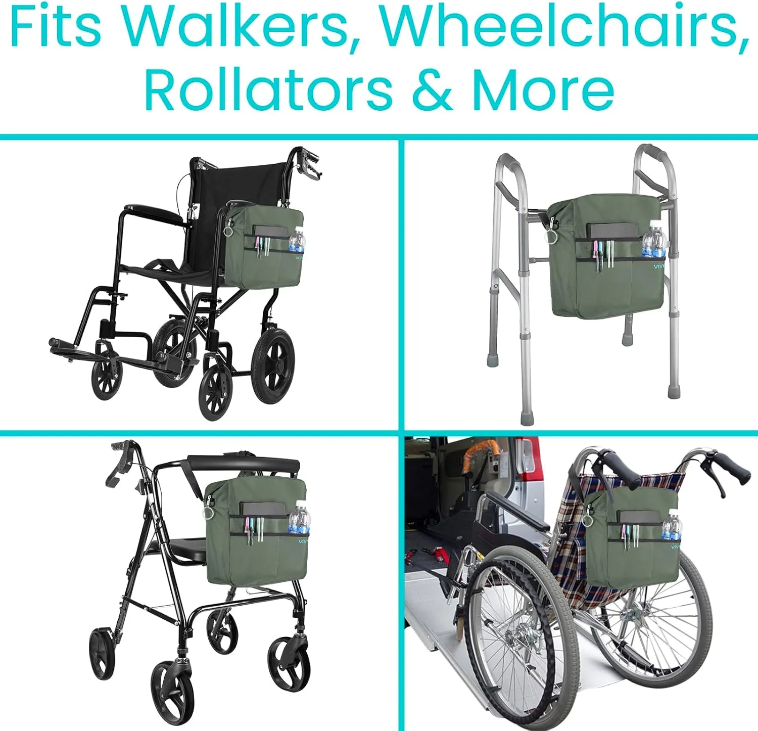 Vive Wheelchair Bag - Machine Washable, Double-Stitched, Water-Resistant Accessory Backpack for Rollators, Wheel Chairs, Walkers - Pouch with XL Pockets & Straps for Quick Installation