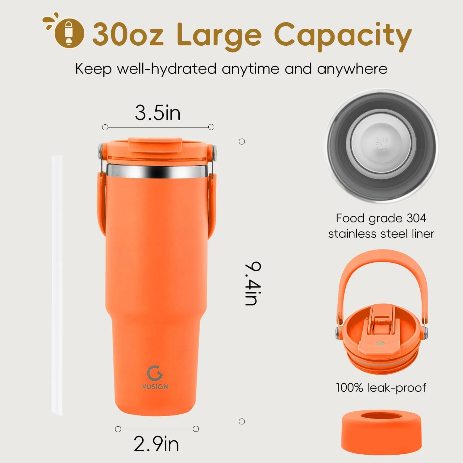 VUSIGN 30 oz Tumbler with Handle and Flip Straw, Stainless Steel Vacuum Insulated Water Bottle Travel Mug Thermal Cup for Home, Office, Car, Outdoors, Sports, Orange