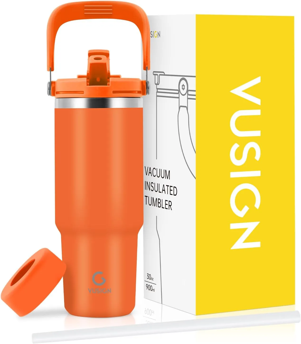 VUSIGN 30 oz Tumbler with Handle and Flip Straw, Stainless Steel Vacuum Insulated Water Bottle Travel Mug Thermal Cup for Home, Office, Car, Outdoors, Sports, Orange