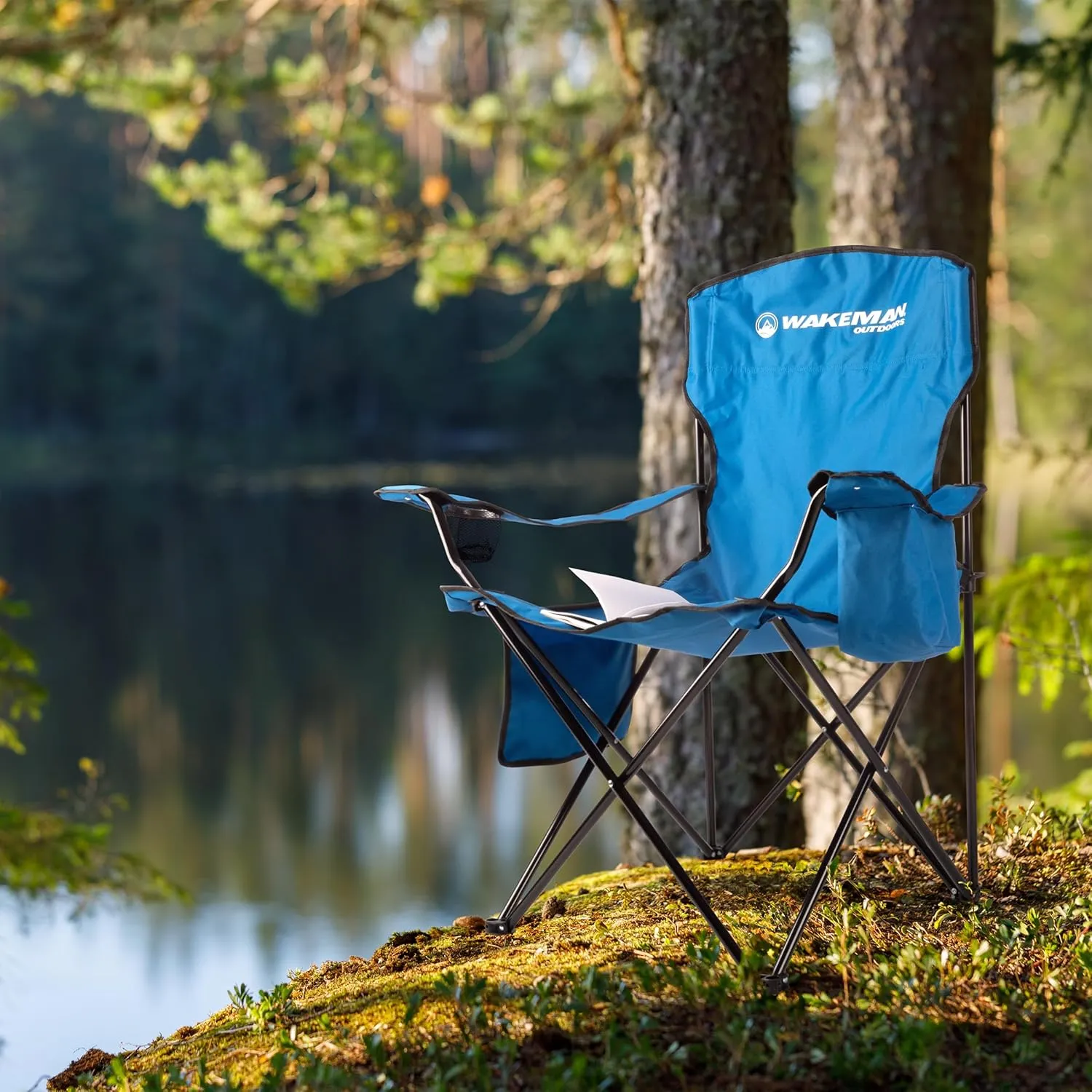 Wakeman Camping Chair - 300lb Capacity Folding Chair with Cupholder and Built-in Cooler - Oversized Heavy Duty Outdoor Camp or Beach Seat (Blue)