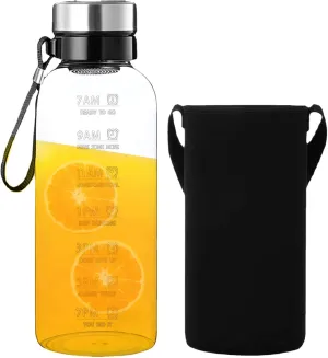 Water Bottle with Time Marker 2L Clear High Borosilicate Glass Water Bottles with Lanyard, Sleeve & Removable Filter Leakproof Dishwasher Safe Bottle for Home, Office, Sports