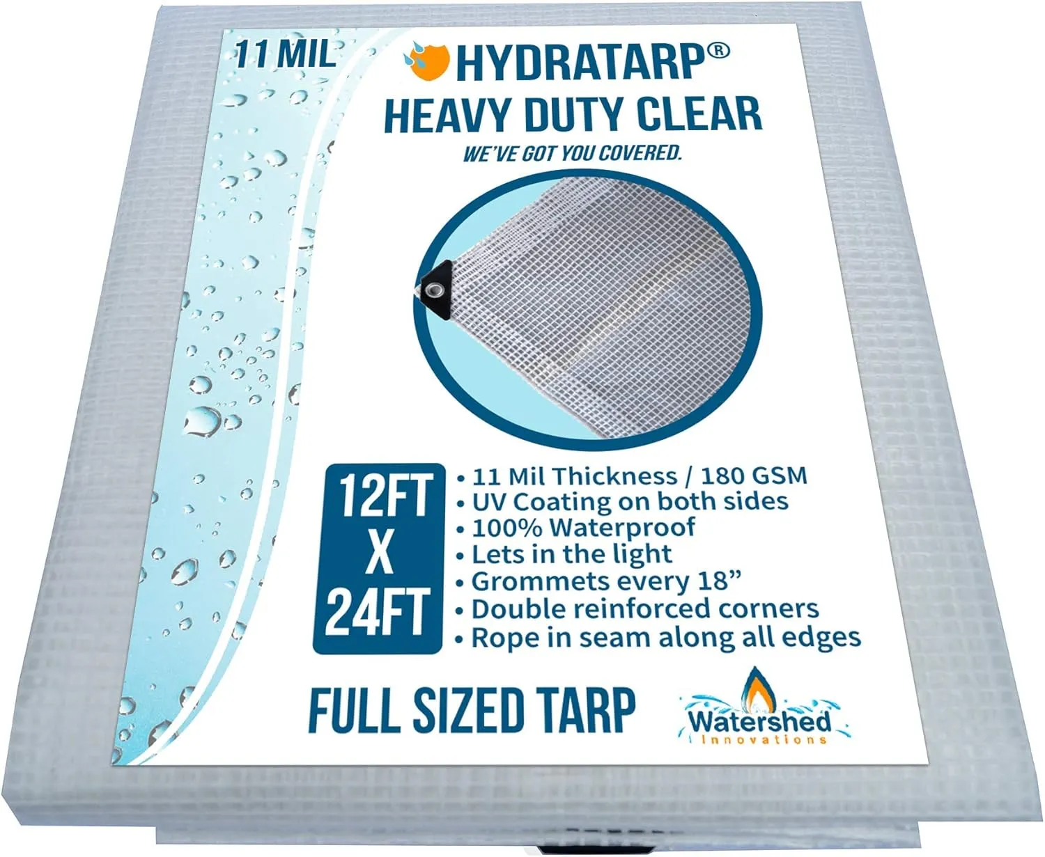 Watershed Innovations HydraTarp, UV Coated 11 Mil Thick Clear Greenhouse Tarp for Outdoor Camping, RV, Trucks and Trailers, 12 by 24 Feet