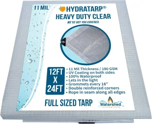 Watershed Innovations HydraTarp, UV Coated 11 Mil Thick Clear Greenhouse Tarp for Outdoor Camping, RV, Trucks and Trailers, 12 by 24 Feet