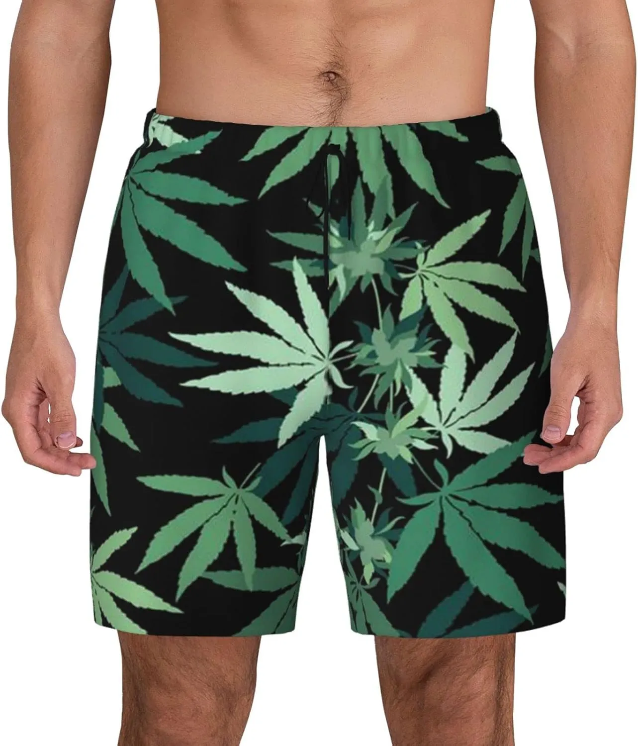 Weed Marijuana Leaf Men's Double Layer Swim Trunks Beach Shorts with Compression Liner Swimwear
