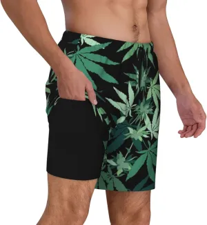 Weed Marijuana Leaf Men's Double Layer Swim Trunks Beach Shorts with Compression Liner Swimwear