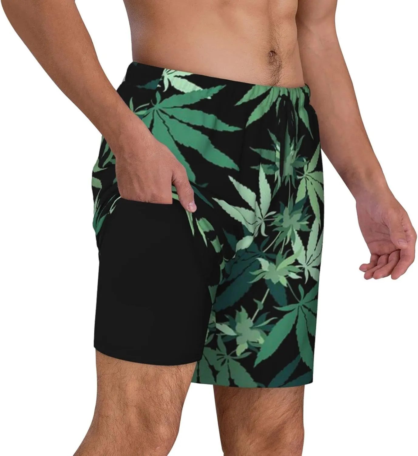 Weed Marijuana Leaf Men's Double Layer Swim Trunks Beach Shorts with Compression Liner Swimwear