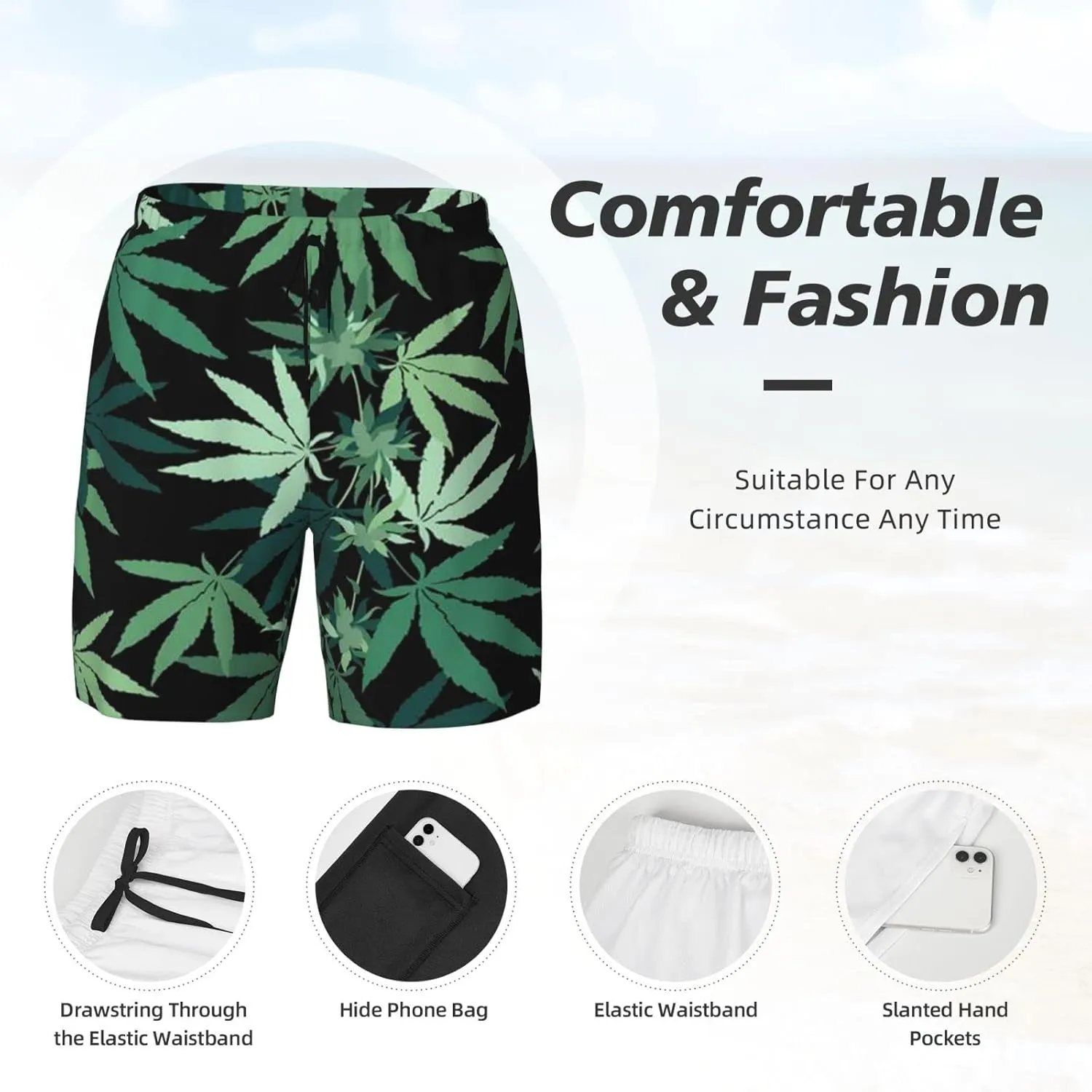 Weed Marijuana Leaf Men's Double Layer Swim Trunks Beach Shorts with Compression Liner Swimwear