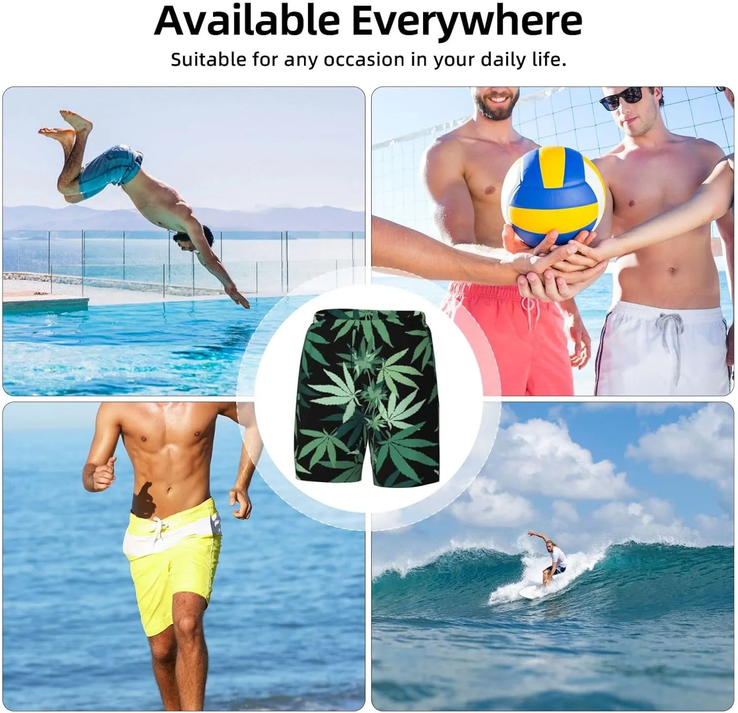 Weed Marijuana Leaf Men's Double Layer Swim Trunks Beach Shorts with Compression Liner Swimwear