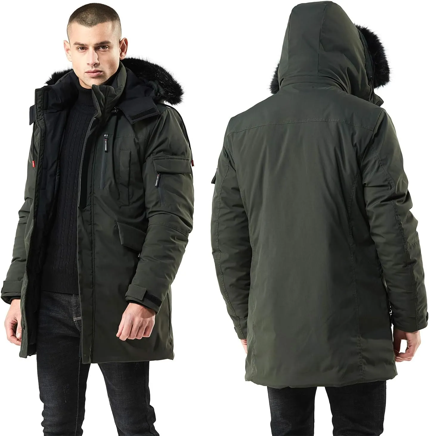 WEEN CHARM Men's Warm Parka Ski Jacket Water Resistant Puffer Jacket Long Winter Coat with Removable Faux Fur Hood