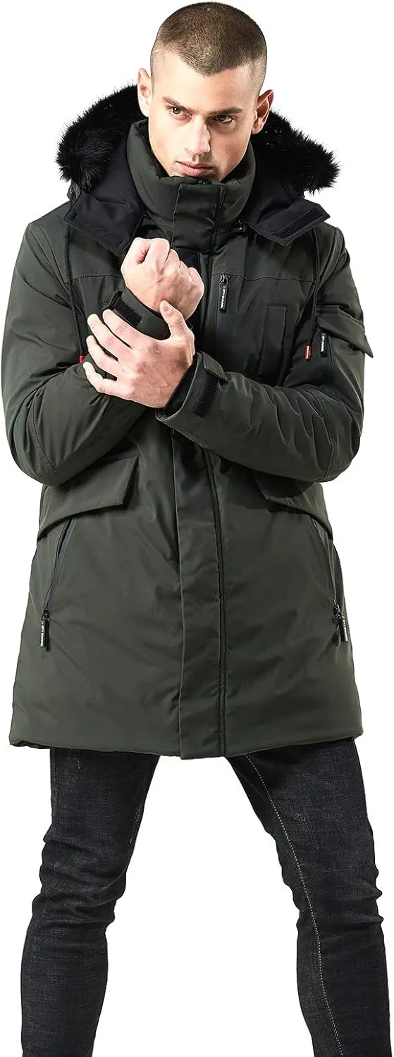 WEEN CHARM Men's Warm Parka Ski Jacket Water Resistant Puffer Jacket Long Winter Coat with Removable Faux Fur Hood