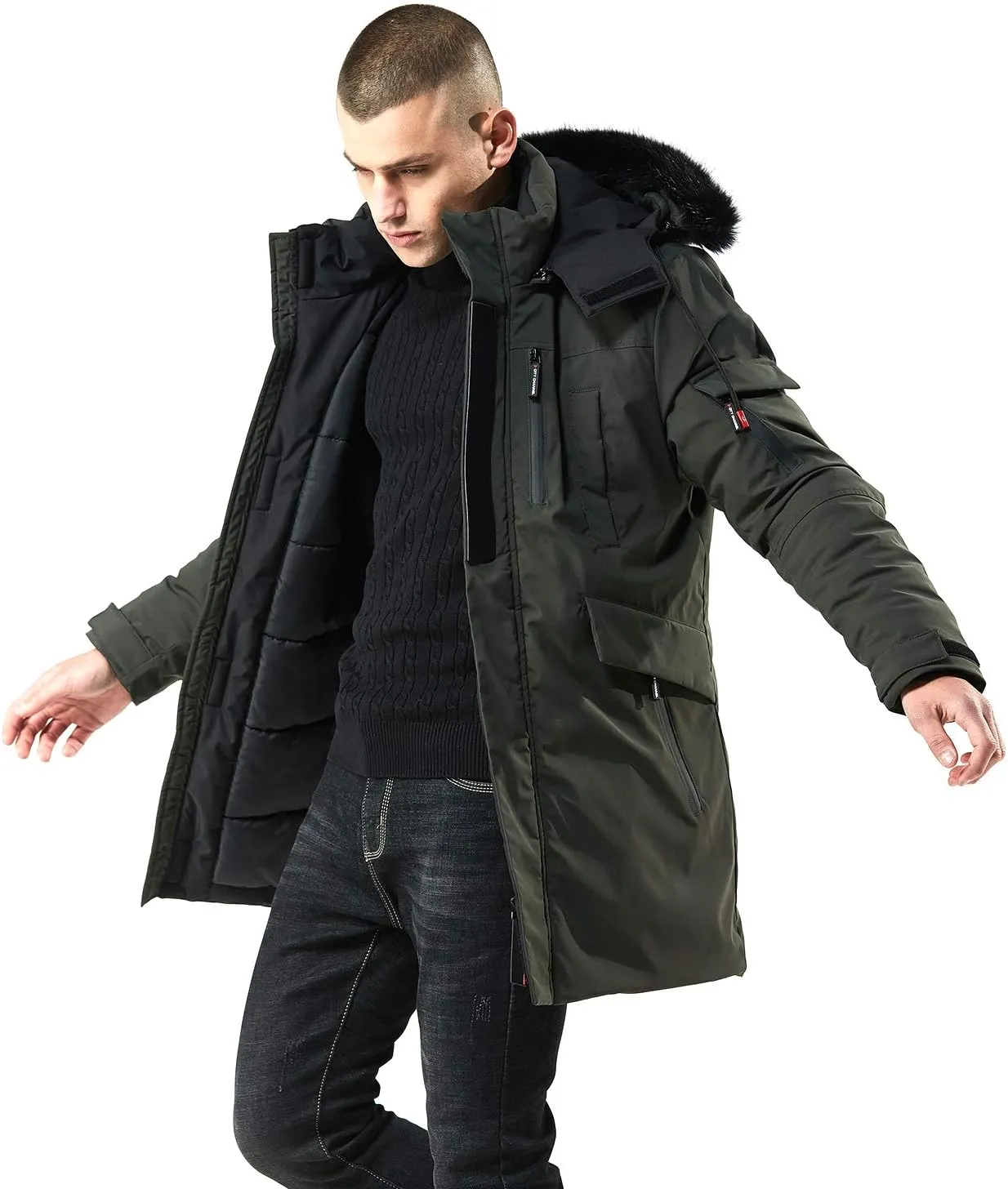 WEEN CHARM Men's Warm Parka Ski Jacket Water Resistant Puffer Jacket Long Winter Coat with Removable Faux Fur Hood