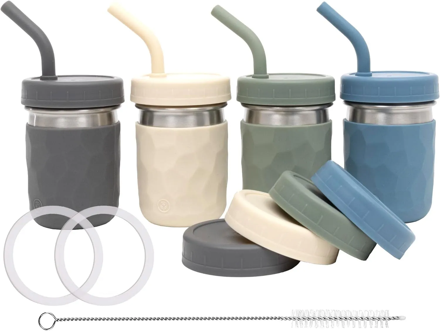 WeeSprout 2-in-1 Drinking Cups for Kids, Durable Stainless Steel Tumbler for Smoothies, Silicone Straws with Stoppers, Premium Plastic Twist Lids, Easy-Grip Sleeves, Set of 4 Dishwasher Safe Kid Cups