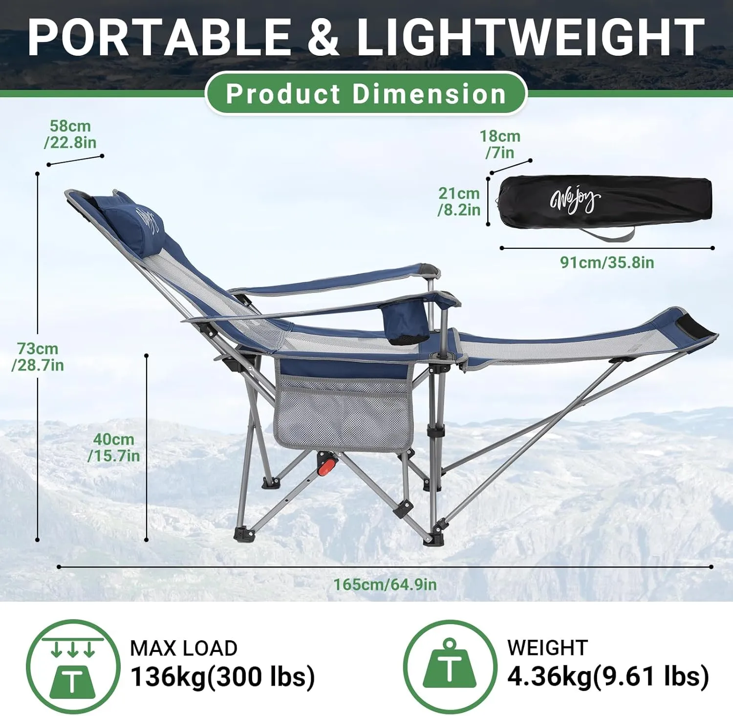 #WEJOY 2-in-1 Reclining Camping Chair, Lightweight Folding Camping Chair with Adjustable Backrest & Footrest, Camping Lounge Chair with Headrest, Cup Holder, Storage Bag, for Beach, Lawn, Concert