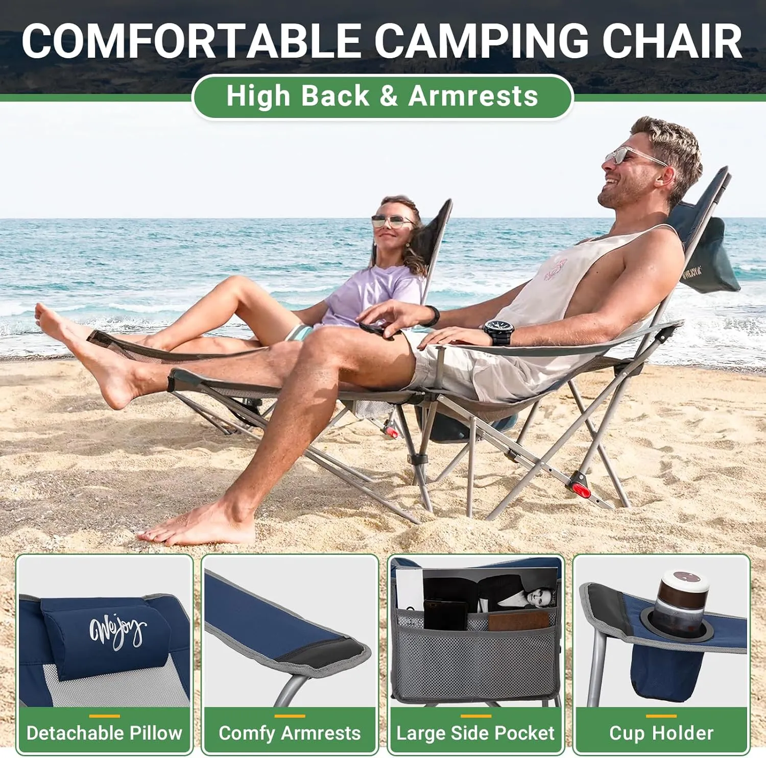 #WEJOY 2-in-1 Reclining Camping Chair, Lightweight Folding Camping Chair with Adjustable Backrest & Footrest, Camping Lounge Chair with Headrest, Cup Holder, Storage Bag, for Beach, Lawn, Concert