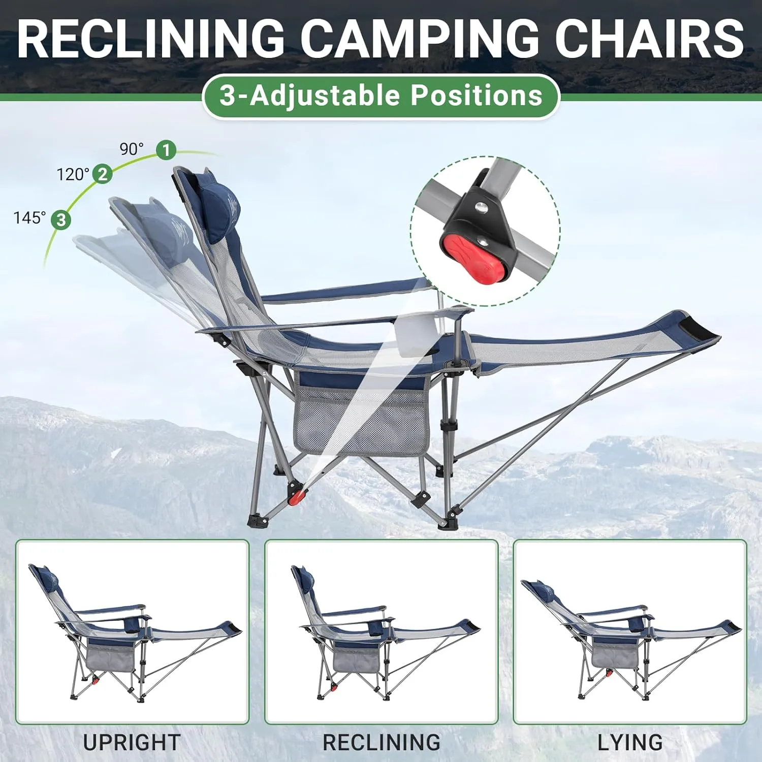 #WEJOY 2-in-1 Reclining Camping Chair, Lightweight Folding Camping Chair with Adjustable Backrest & Footrest, Camping Lounge Chair with Headrest, Cup Holder, Storage Bag, for Beach, Lawn, Concert