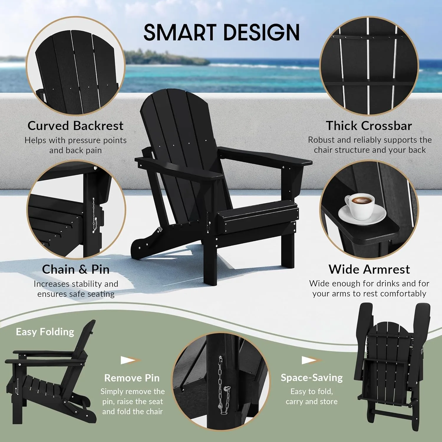 WestinTrends Malibu HDPE Outdoor Patio Folding Poly Adirondack Chair, Black