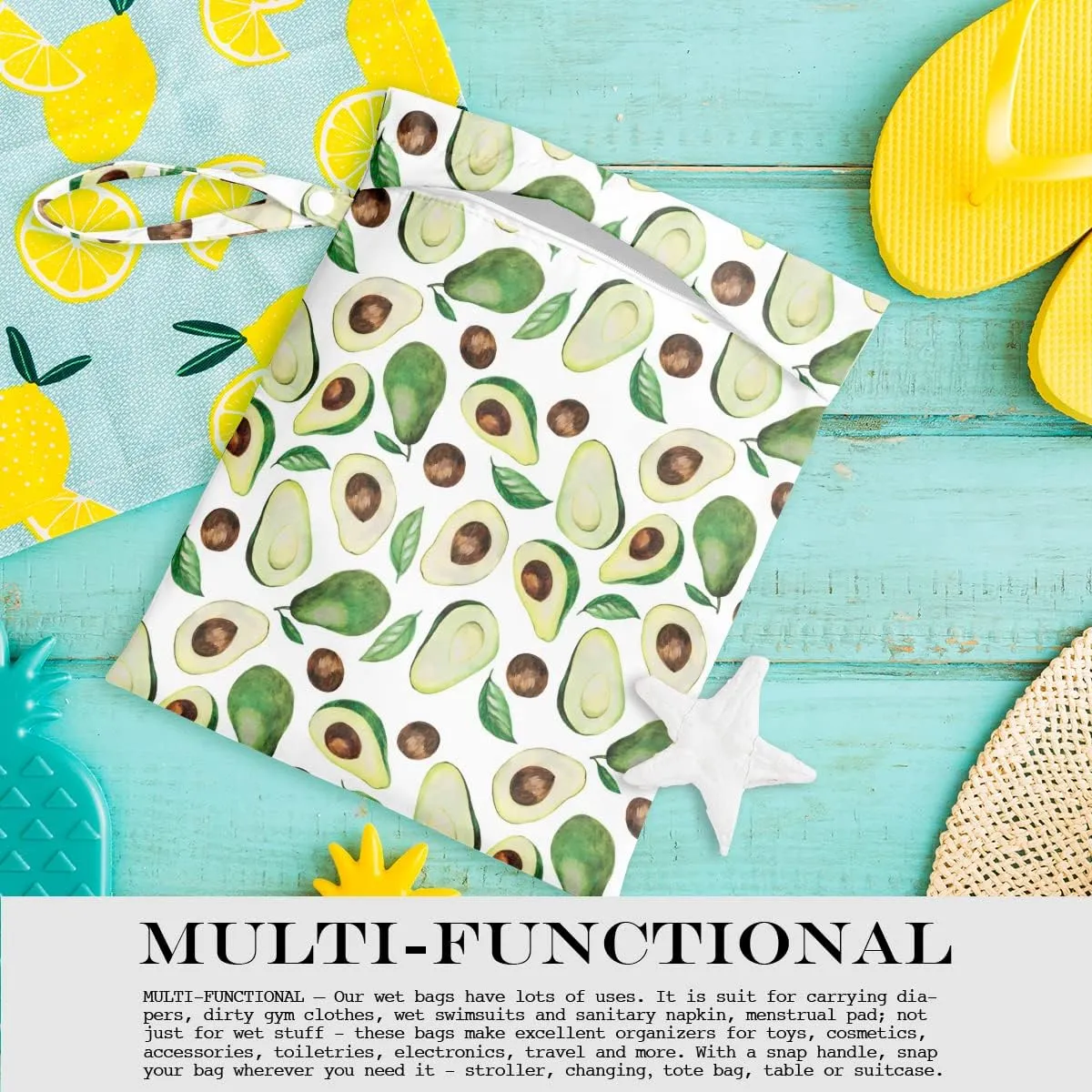 Wet Bag, Wet Dry Bag, Wet Bag for Swimsuit, Travel, Beach, Pool, Diapers, Dirty Yoga Gym Clothes, Toiletries, Makeup Bag, Snack Bag, Waterproof Reusable Fruit Peach Avocado Lemon
