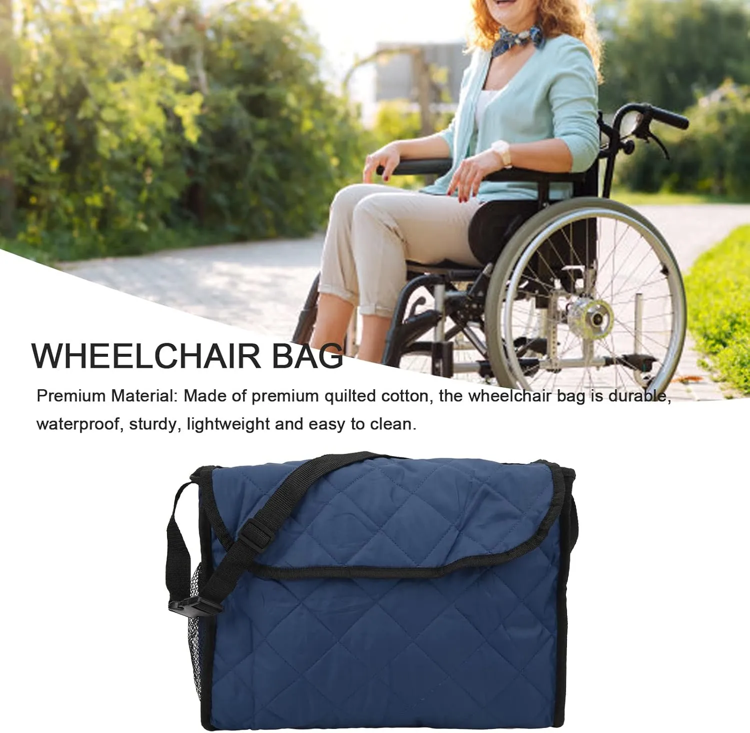 Wheelchair Hanging Storage Bag, Walker Side Bag, Large Capacity Quilted Cotton Material, and, Suitable for Trolley Electrically Propelled Wheelchair Walker (Navy Blue)
