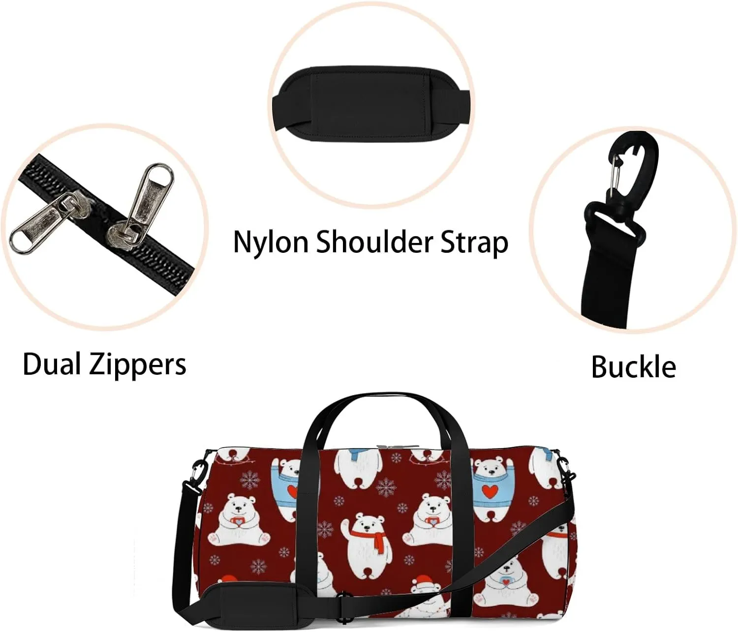 White Kawaii Cute Cartoon Polar Bear Sports Bag Tote Bag Waterproof Gym Bag with Shoulder Strap Zipper 2 Side Pockets for Men and Women, Travel and Storage Shoulder Bag.