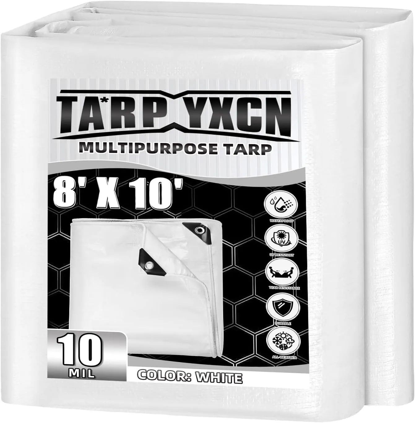 White Tarp 8x10 Feet, 10 Mil Thick Waterproof Poly Tarps Cover UV Resistant, Rip & Tear Proof with Metal Grommets Every 20 Inches