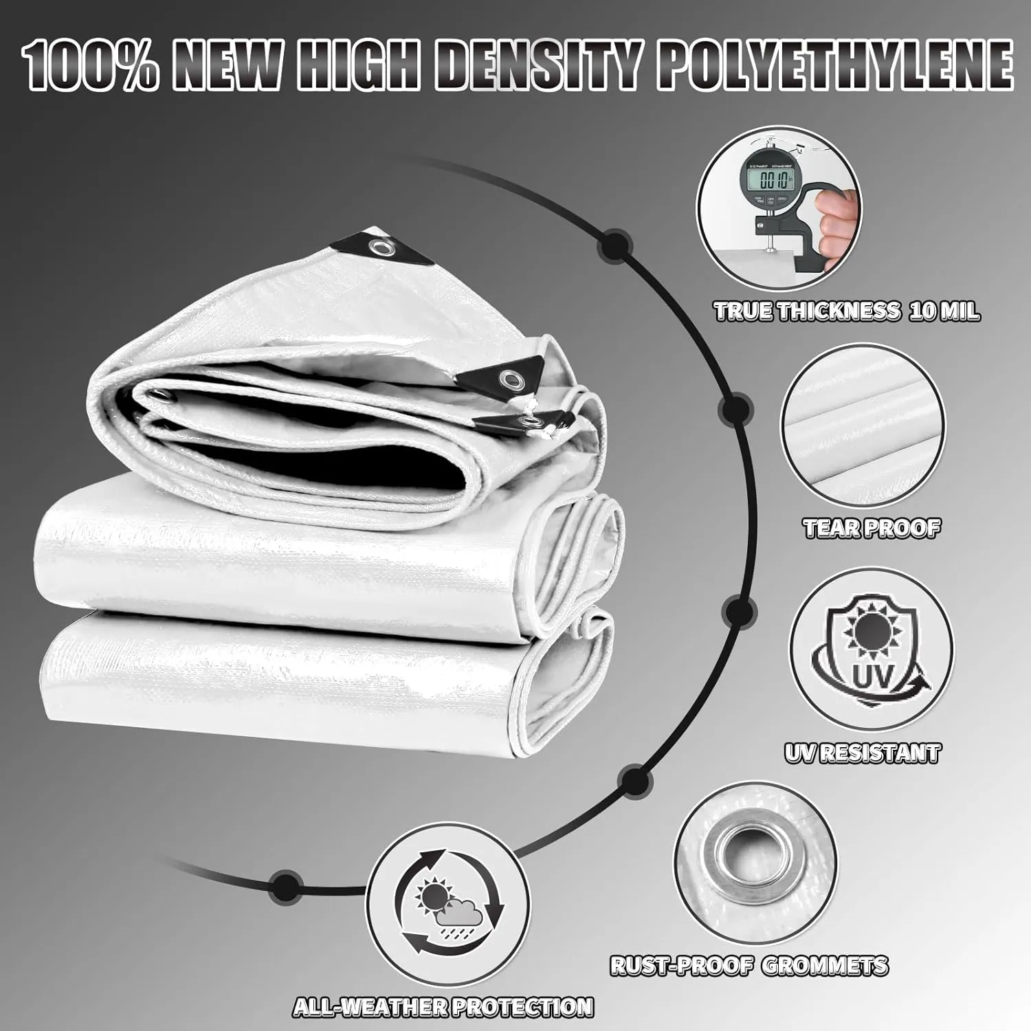 White Tarp 8x10 Feet, 10 Mil Thick Waterproof Poly Tarps Cover UV Resistant, Rip & Tear Proof with Metal Grommets Every 20 Inches