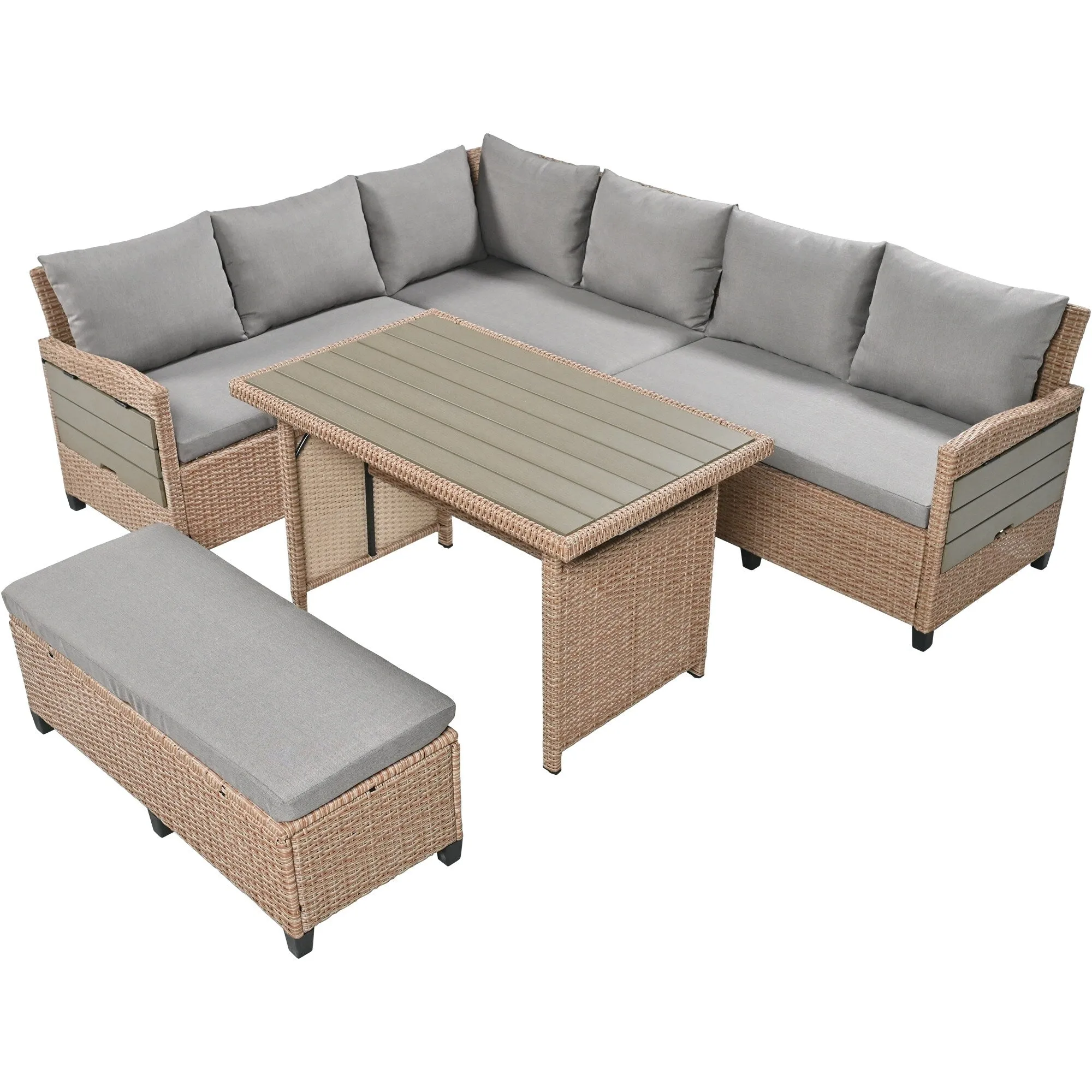 Wicker L-Shape Sectional Sofa w2 Fold Side Tables, Dining Table, Bench