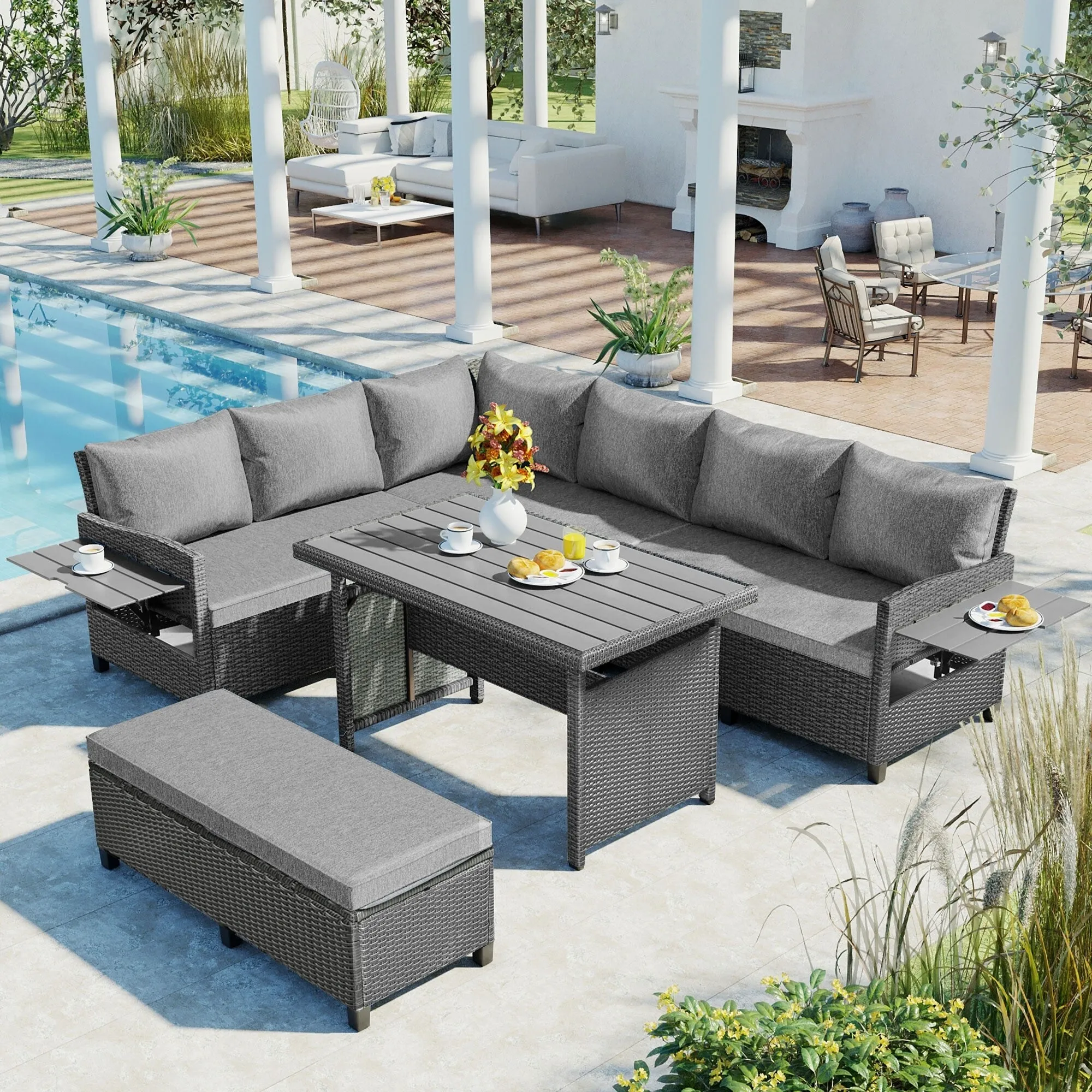 Wicker L-Shape Sectional Sofa w2 Fold Side Tables, Dining Table, Bench