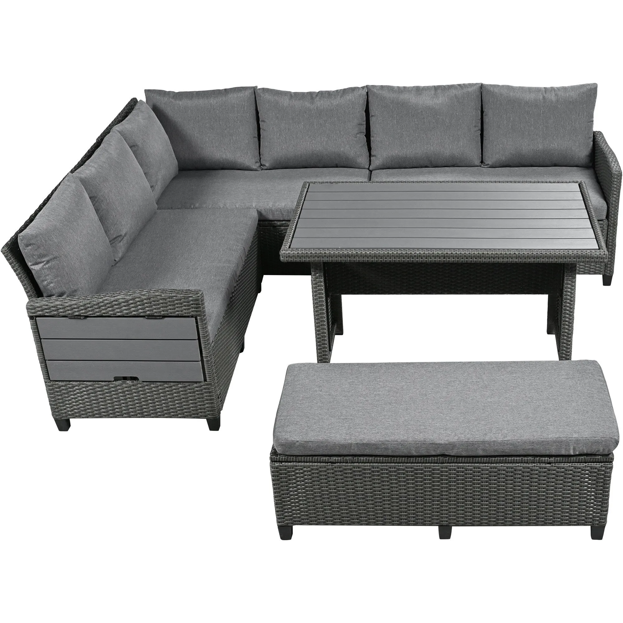 Wicker L-Shape Sectional Sofa w2 Fold Side Tables, Dining Table, Bench