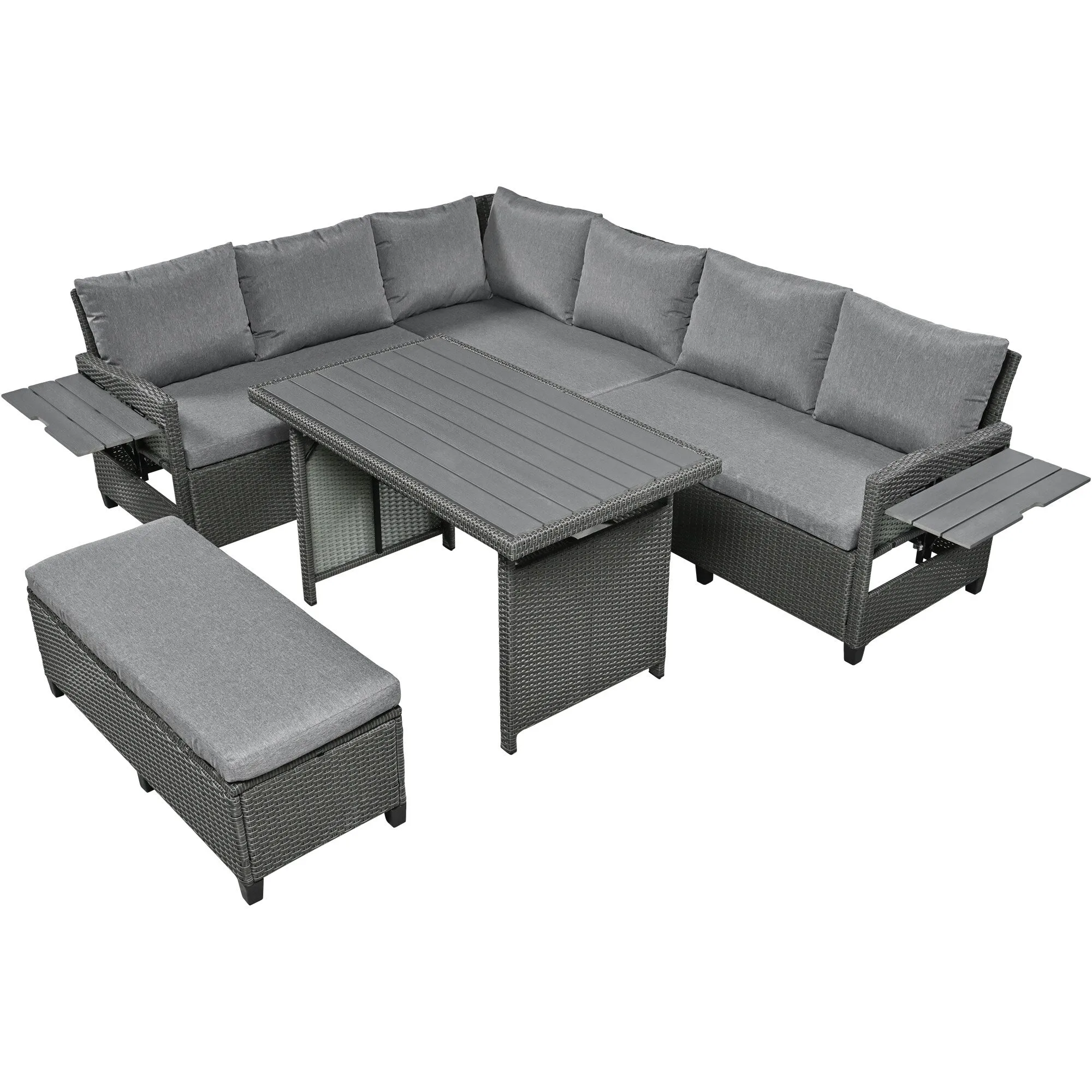Wicker L-Shape Sectional Sofa w2 Fold Side Tables, Dining Table, Bench