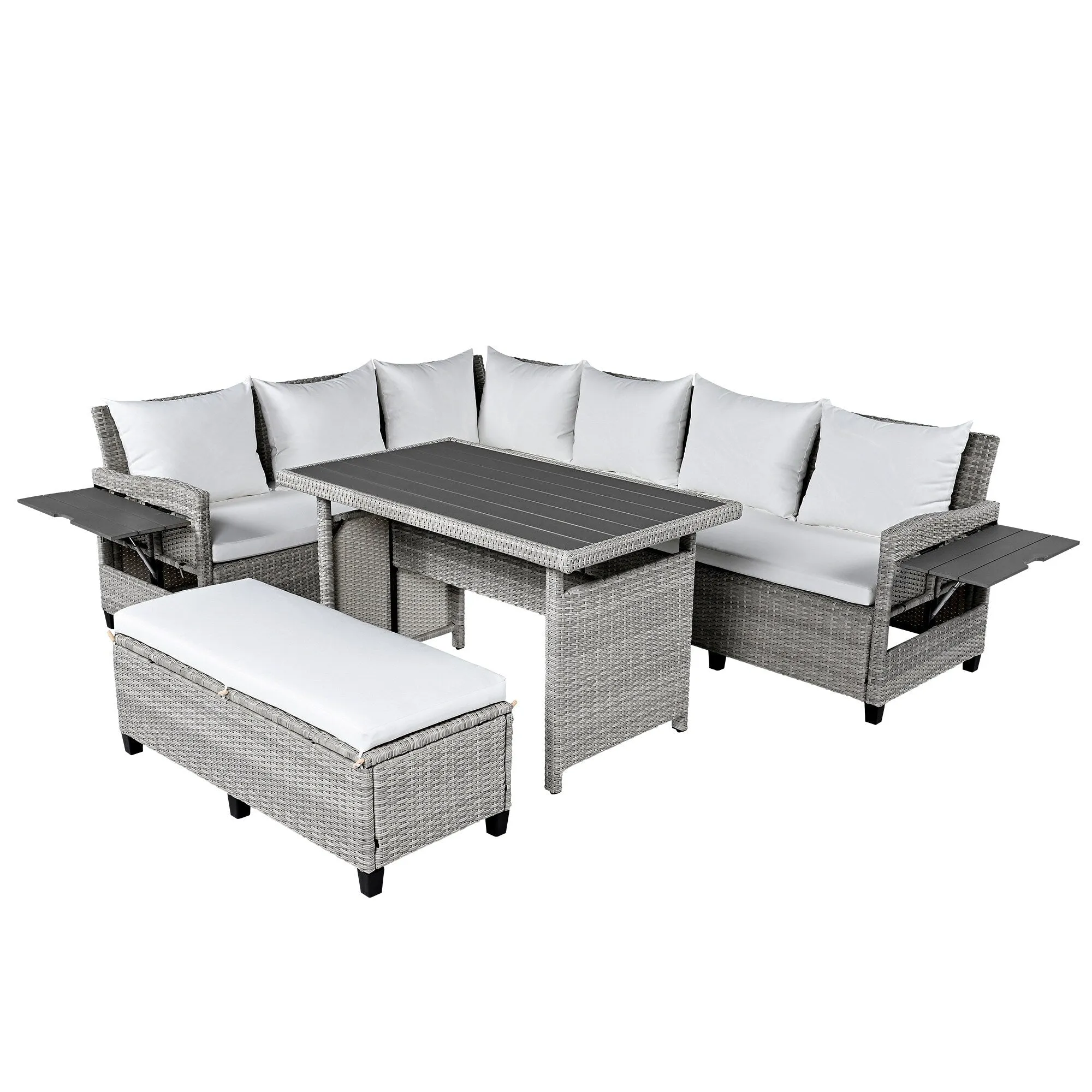 Wicker L-Shape Sectional Sofa w2 Fold Side Tables, Dining Table, Bench