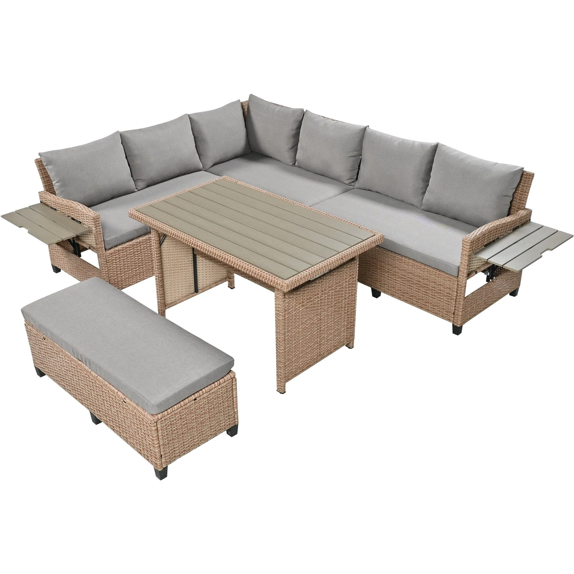 Wicker L-Shape Sectional Sofa w2 Fold Side Tables, Dining Table, Bench