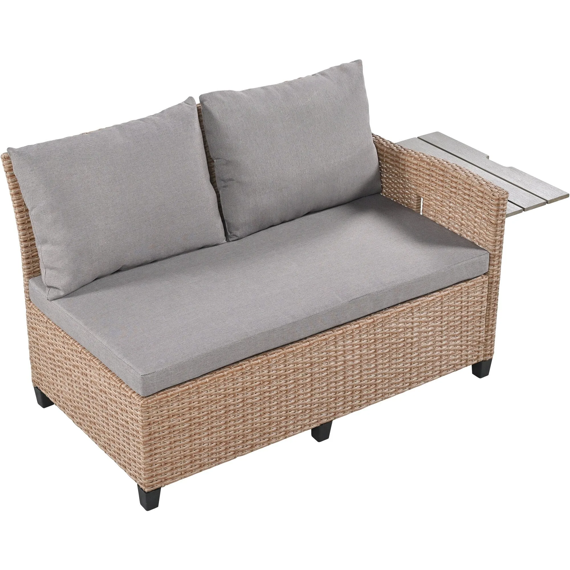 Wicker L-Shape Sectional Sofa w2 Fold Side Tables, Dining Table, Bench