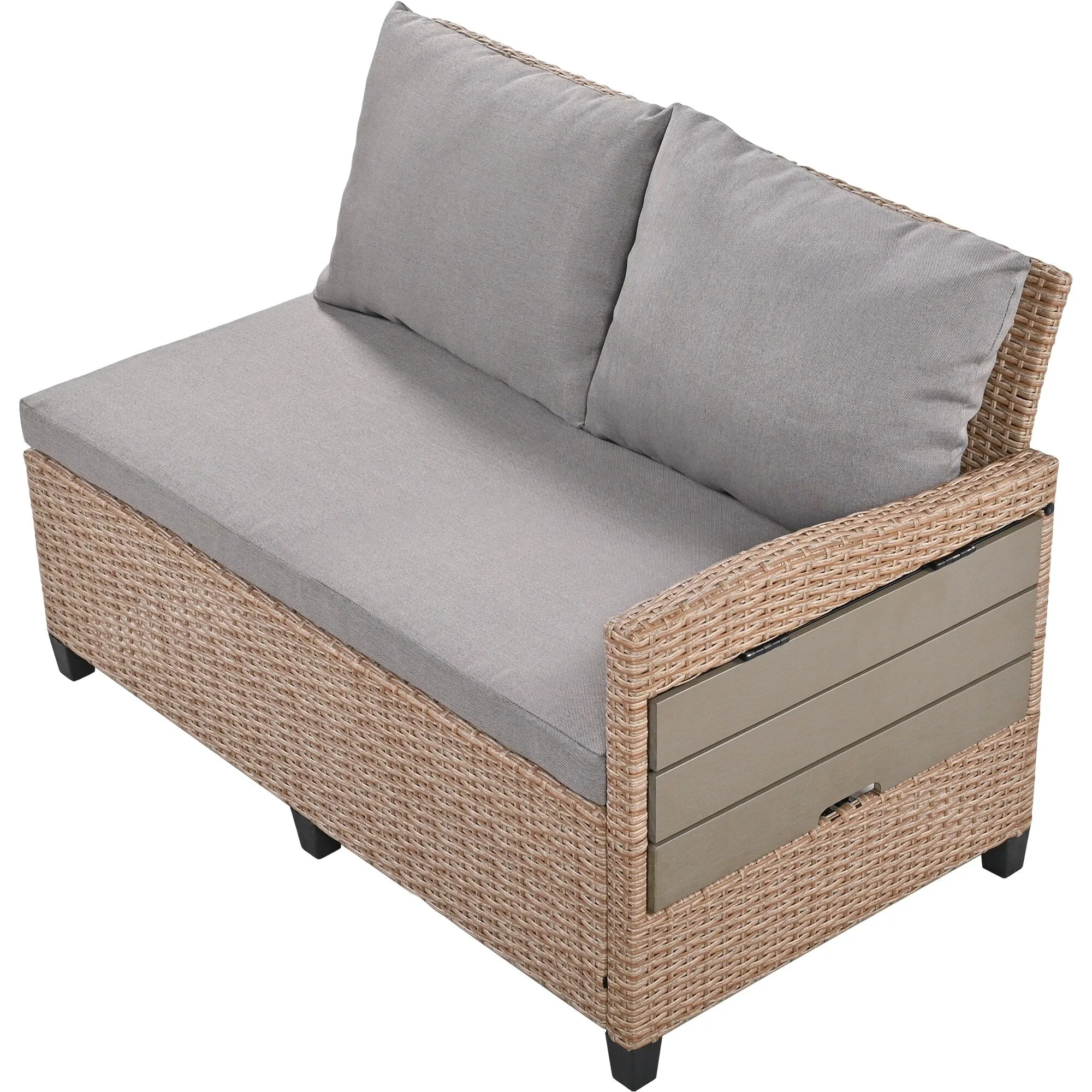 Wicker L-Shape Sectional Sofa w2 Fold Side Tables, Dining Table, Bench