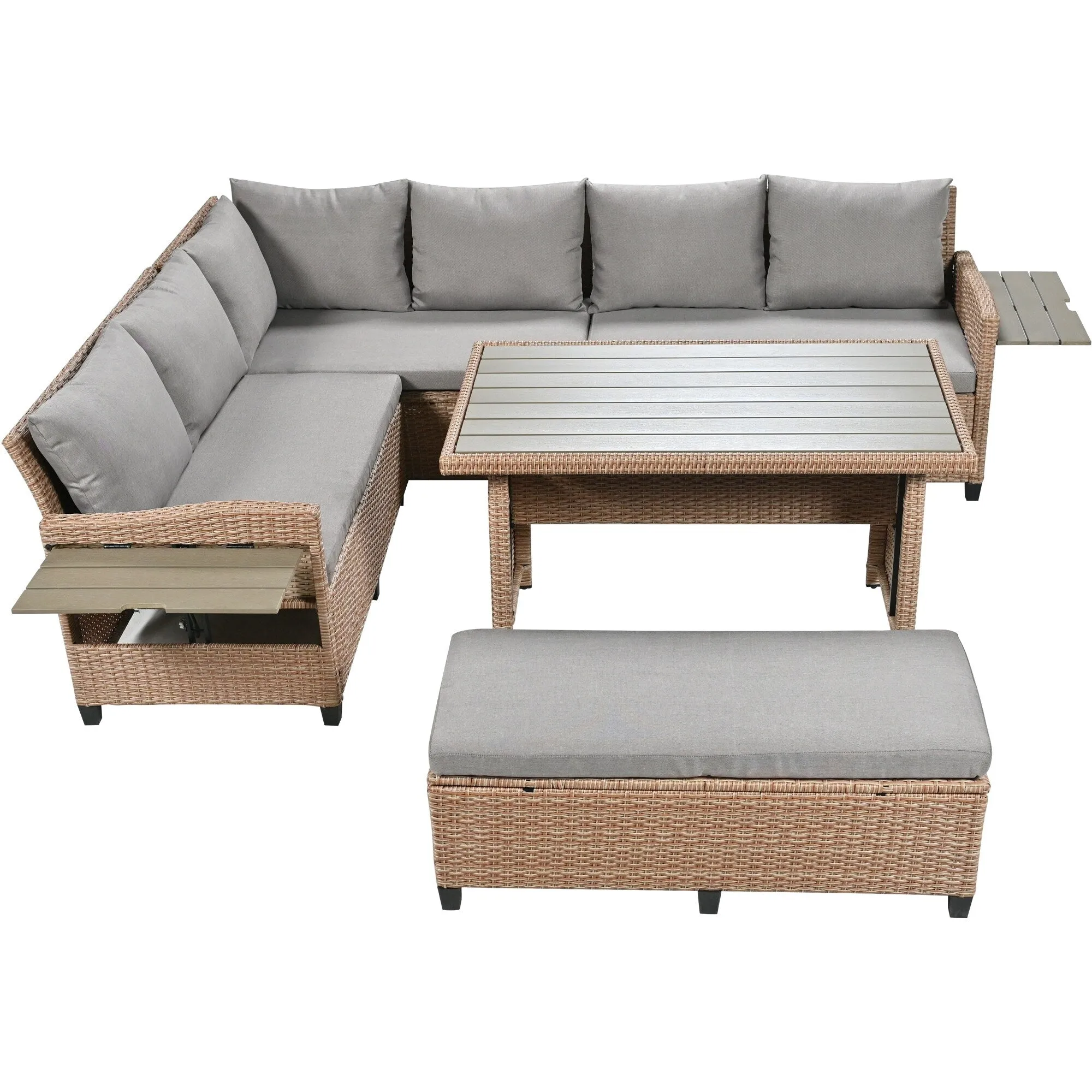 Wicker L-Shape Sectional Sofa w2 Fold Side Tables, Dining Table, Bench
